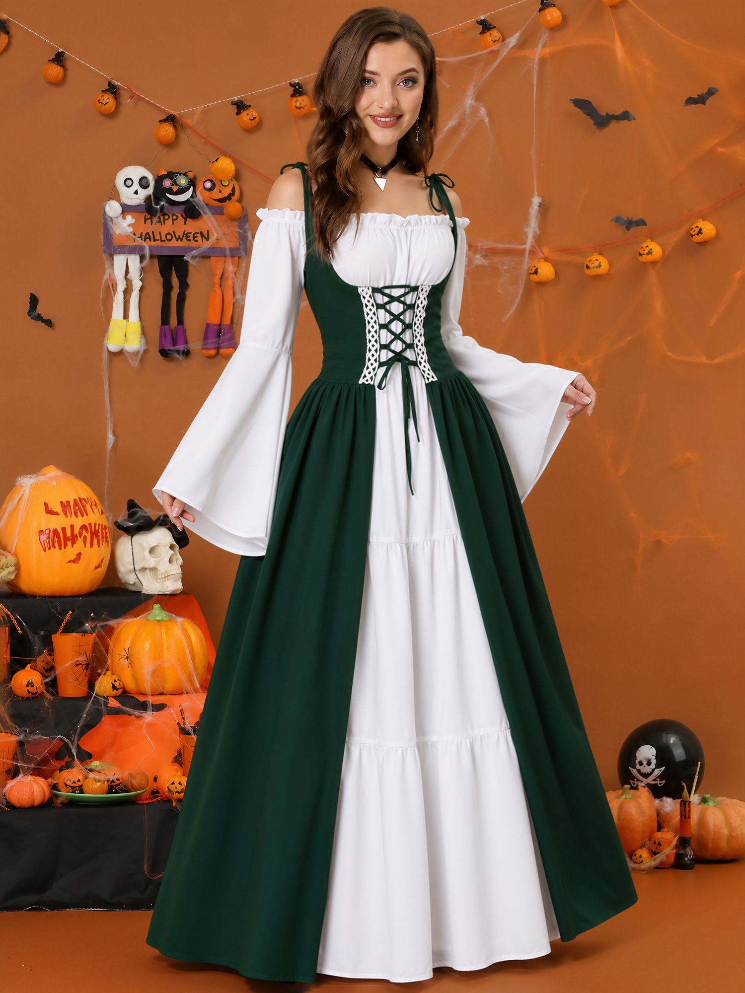 Halloween Costume Colorblock Retro Renaissance Dress Green/XS