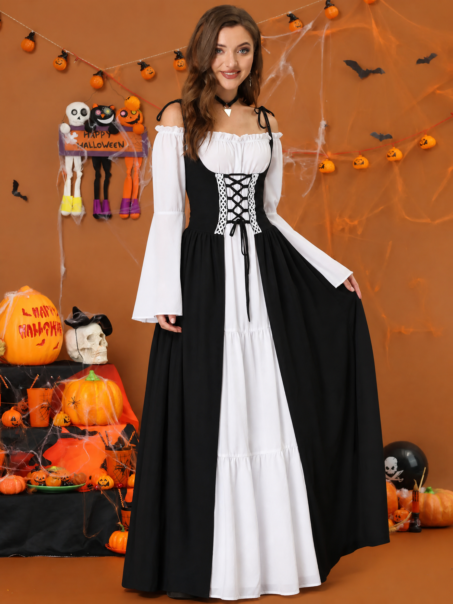 Halloween Costume Colorblock Retro Renaissance Dress Black/XS