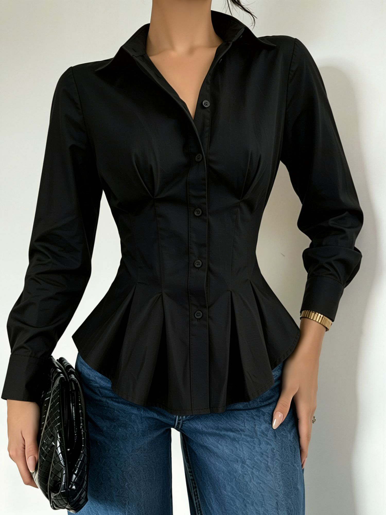 Collared Long Sleeves Cinched Waist Pleated Blouse Black/XS