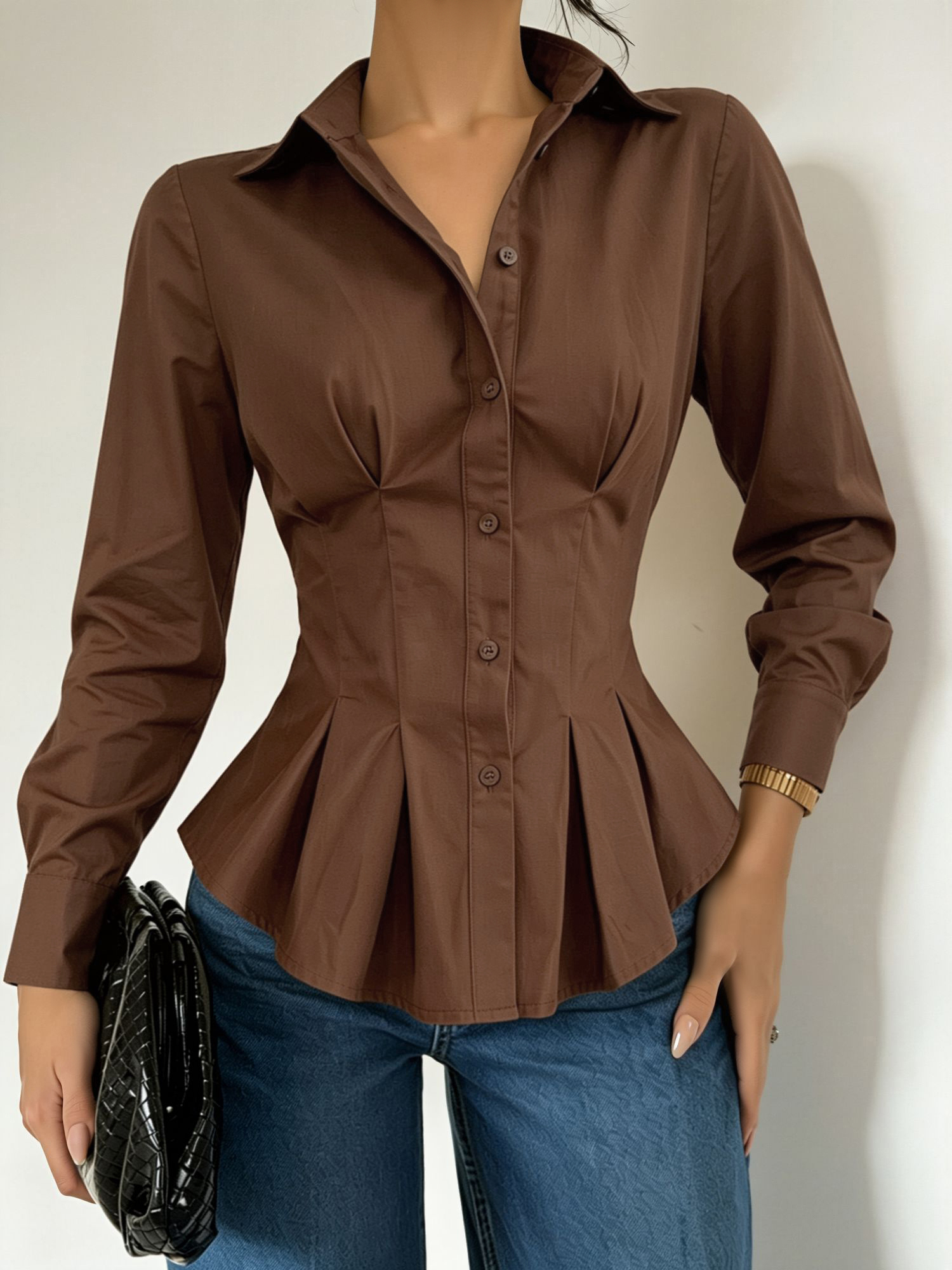 Collared Long Sleeves Cinched Waist Pleated Blouse Brown/L