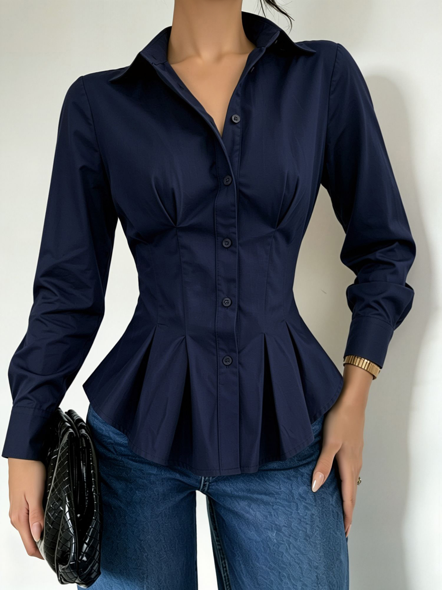 Collared Long Sleeves Cinched Waist Pleated Blouse Navy Blue/XS