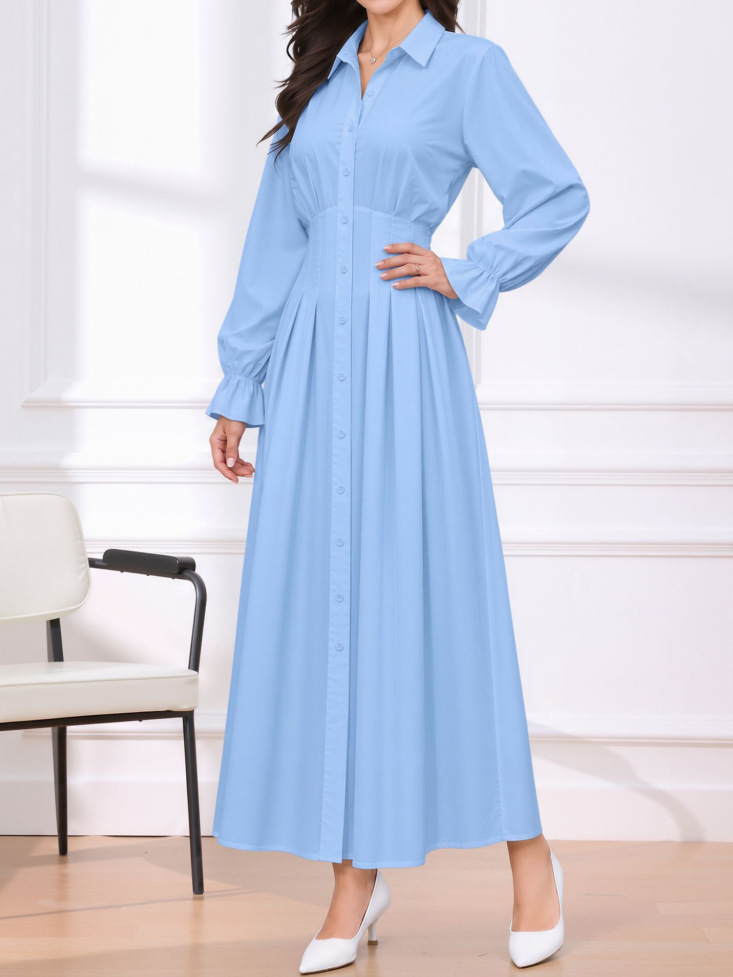 Long Sleeve Pleated Waist-Cinching Shirt Dress Blue/XS