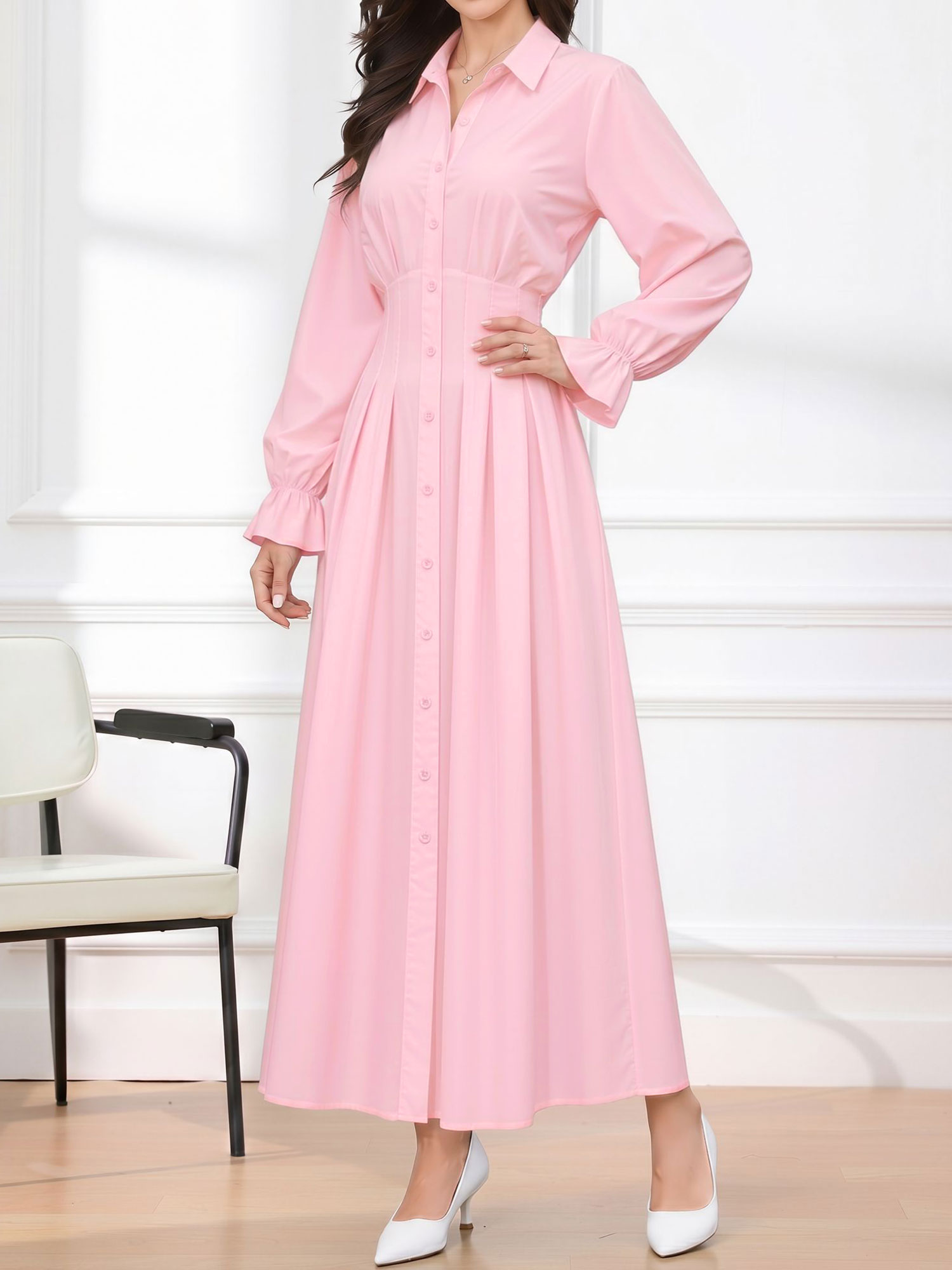 Long Sleeve Pleated Waist-Cinching Shirt Dress Pink/XS