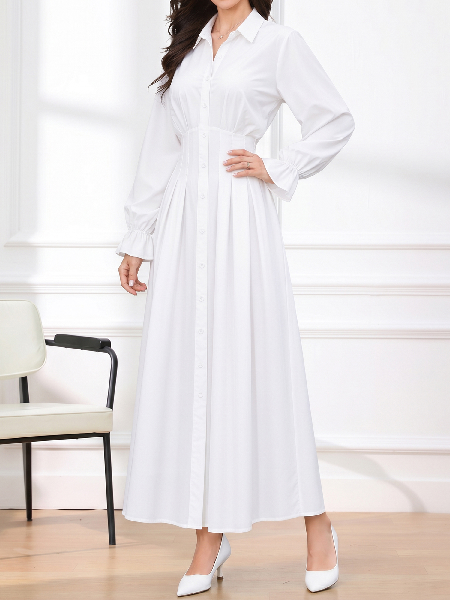 Long Sleeve Pleated Waist-Cinching Shirt Dress White/S