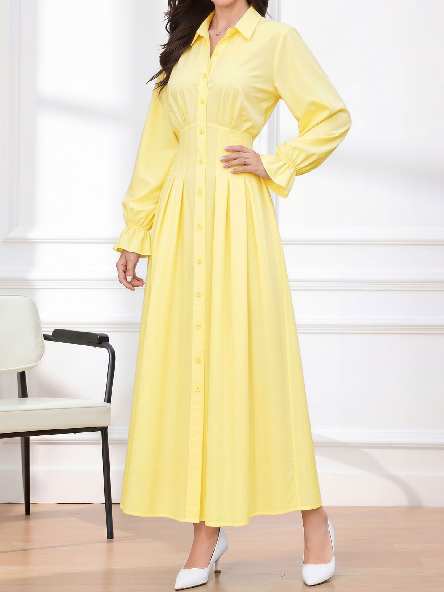 Long Sleeve Pleated Waist-Cinching Shirt Dress Yellow/L