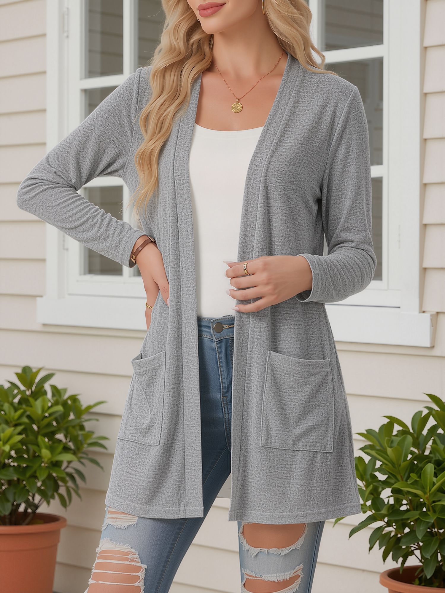 Open Front Long Sleeve Pockets Casual Jacket Light Gray/2XS