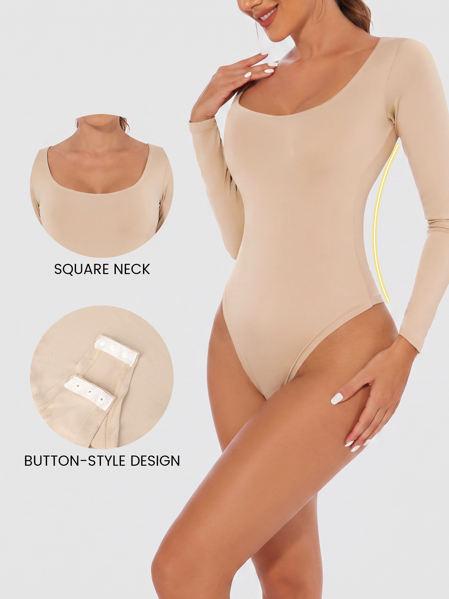Solid Color Long Sleeves U Neck Casual Bodysuit Apricot/XS