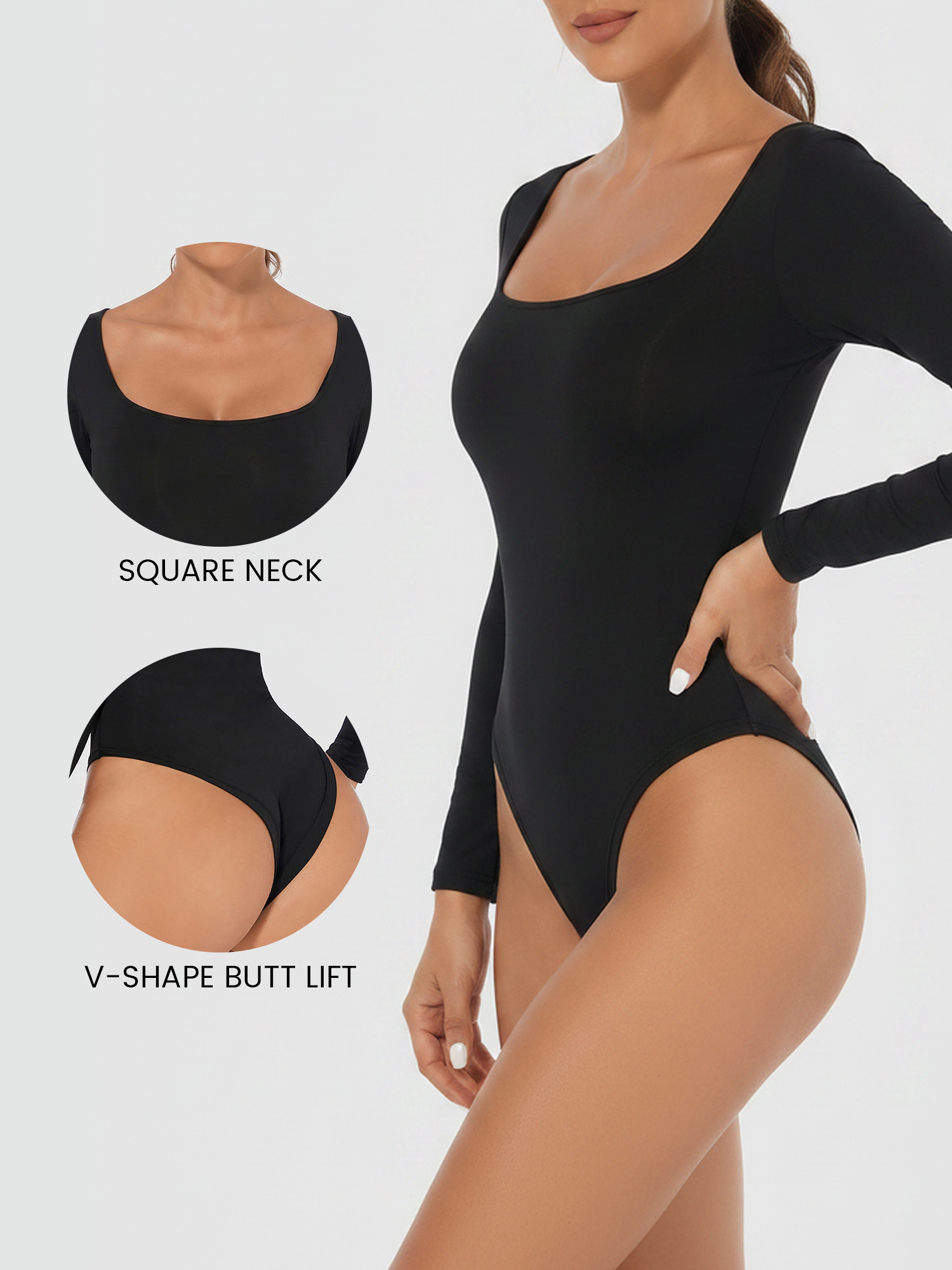 Solid Color Long Sleeves U Neck Casual Bodysuit Black/M