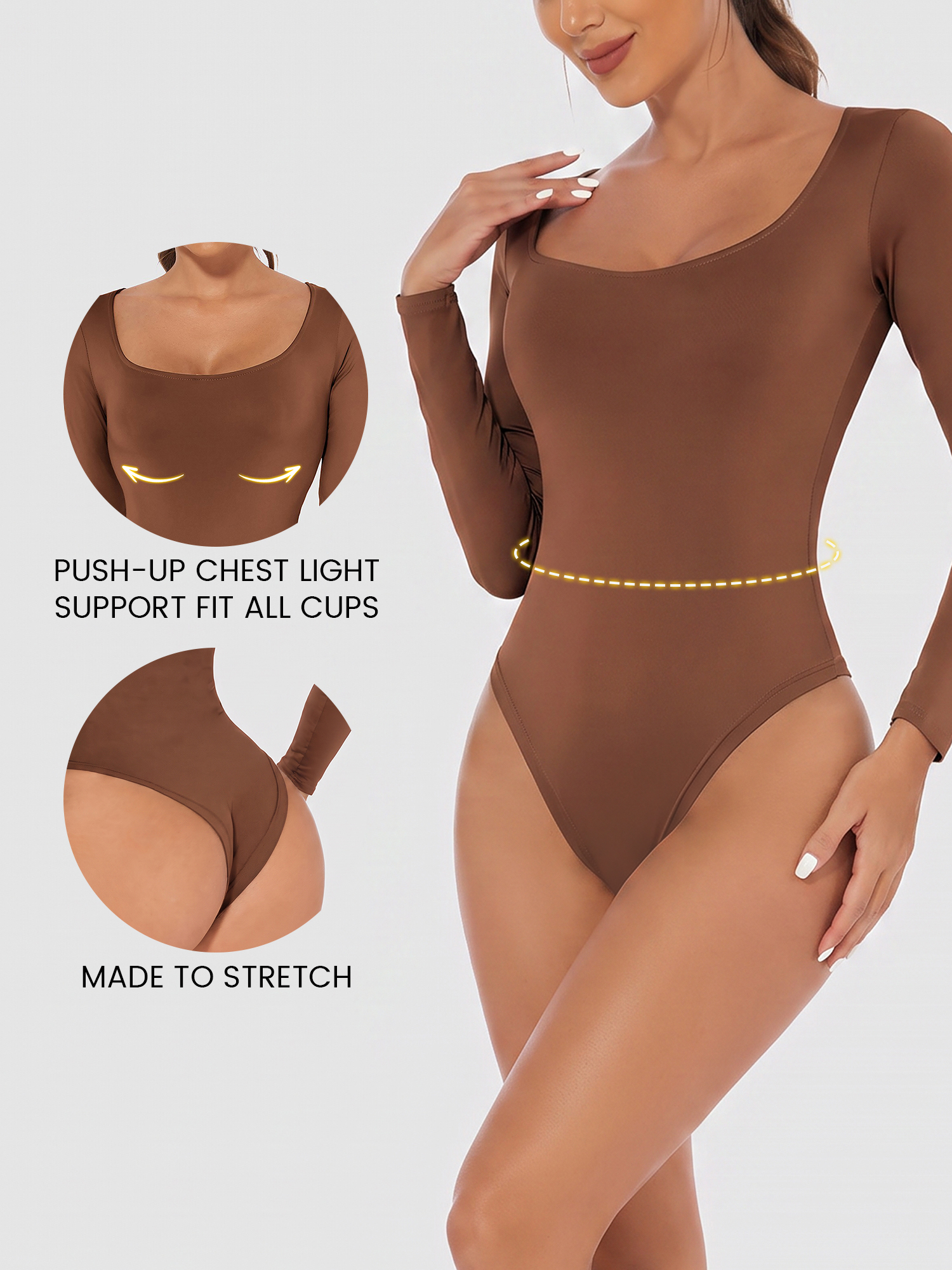 Solid Color Long Sleeves U Neck Casual Bodysuit Brown/L