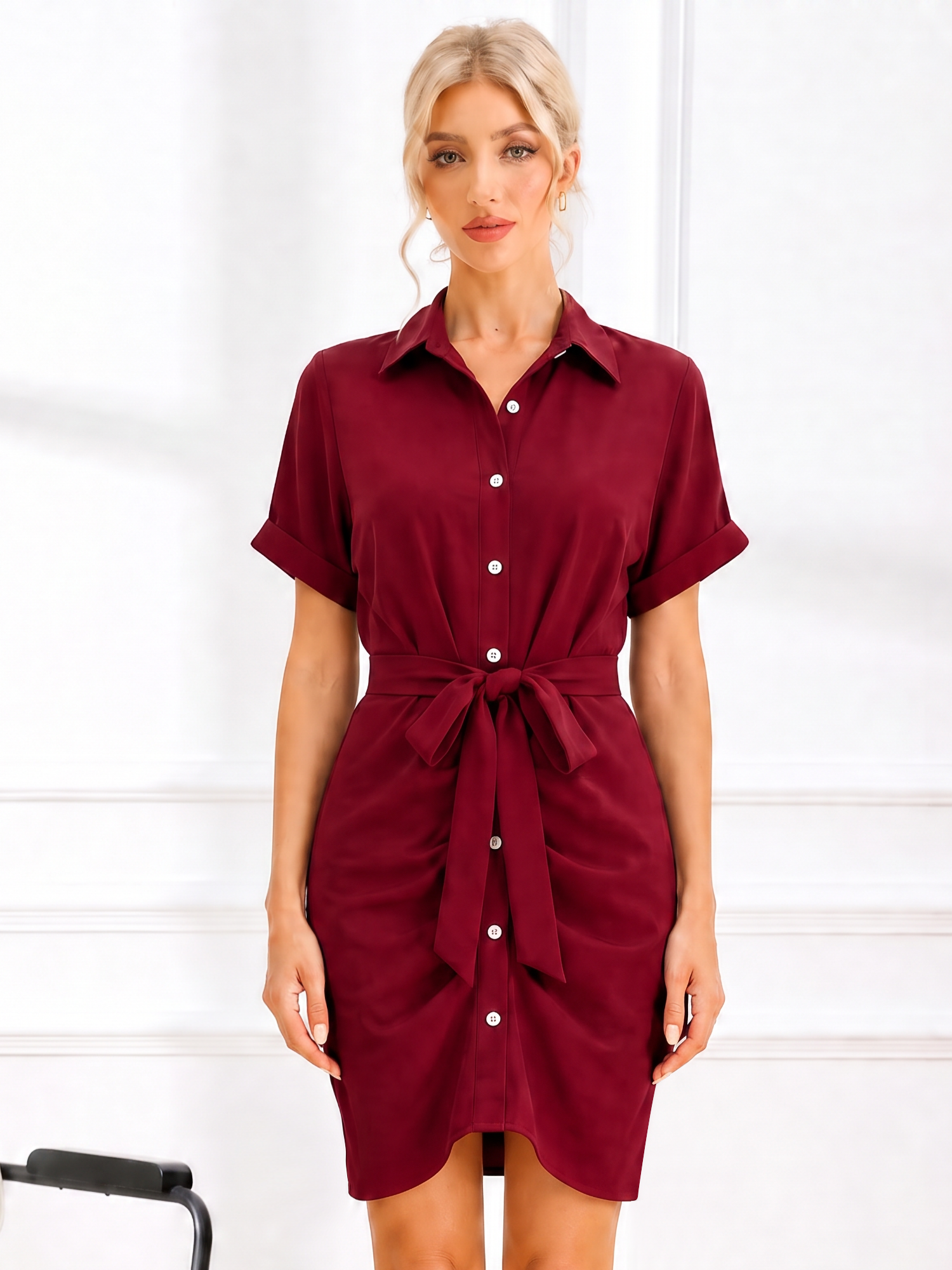Short Sleeve Waist-Cinching Asymmetrical Shirt Dress Red/XS