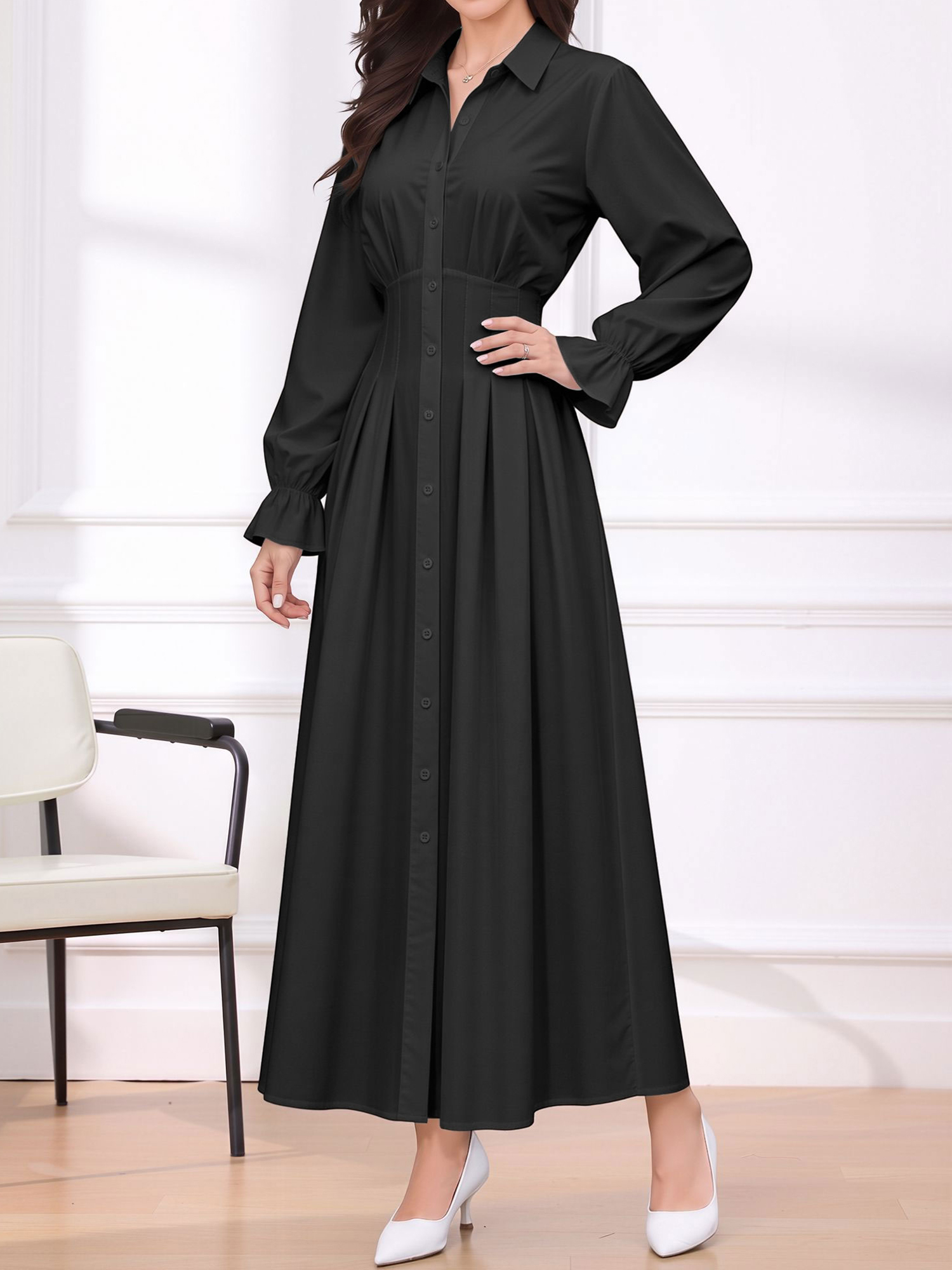 Long Sleeve Pleated Waist-Cinching Shirt Dress Black/2XS