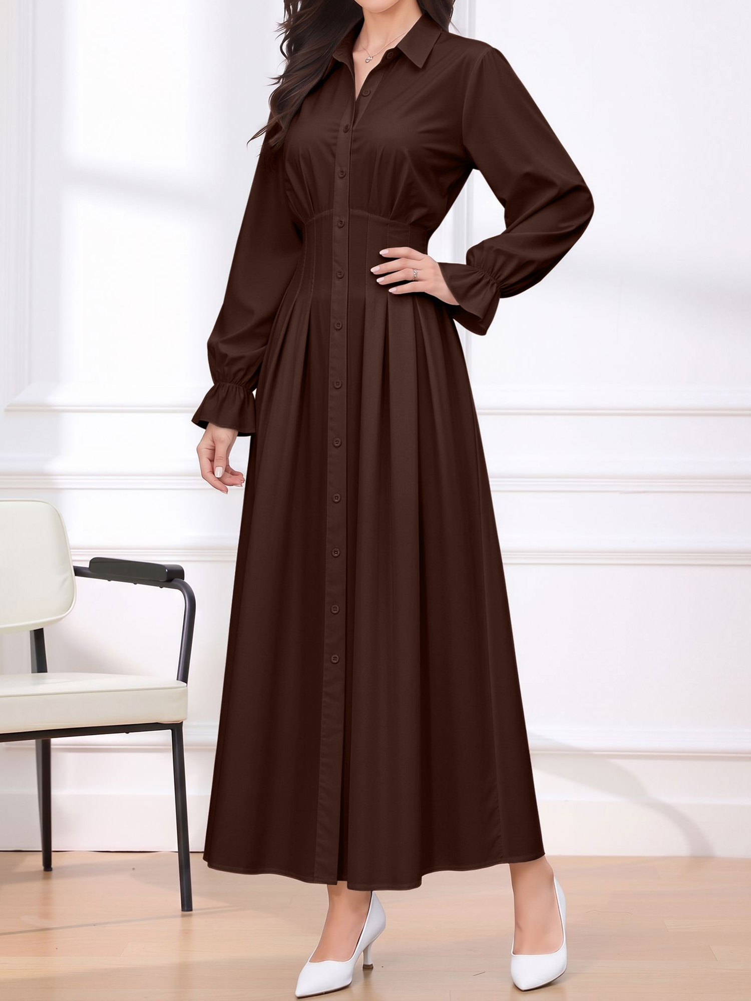Long Sleeve Pleated Waist-Cinching Shirt Dress Brown/L