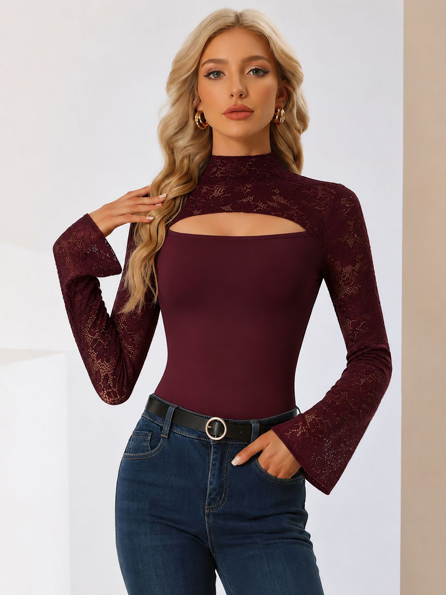 Lace Mock Neck Cut Out Long Sleeves Sheer Blouse Burgundy/M