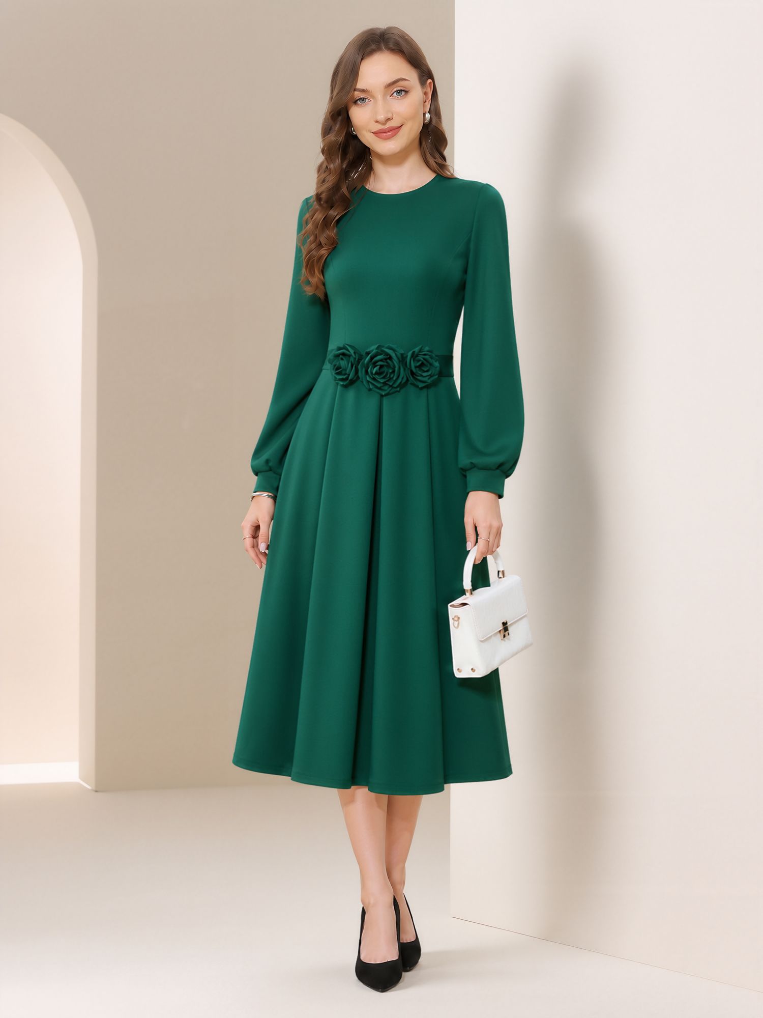 Flower Decor Lantern Sleeves A-Line Midi Dress Green/XL