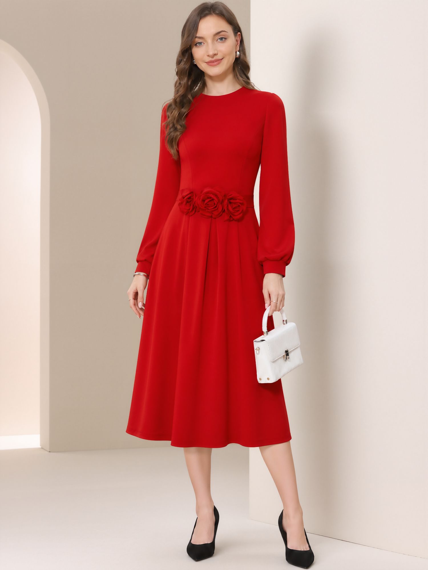 Flower Decor Lantern Sleeves A-Line Midi Dress Red/L