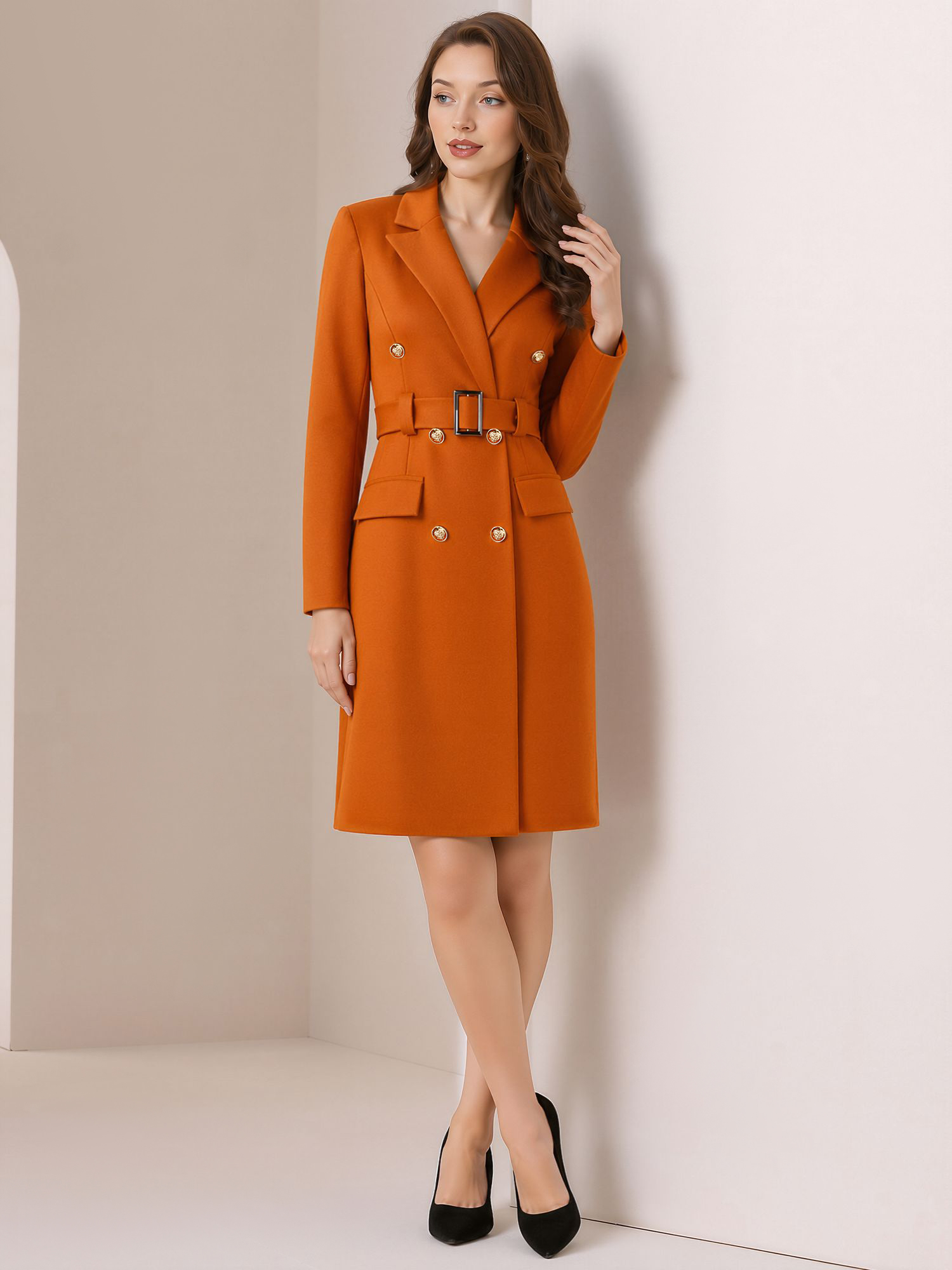Notched Lapel Double-Breasted Belted Blazer Dress Brown/2XS
