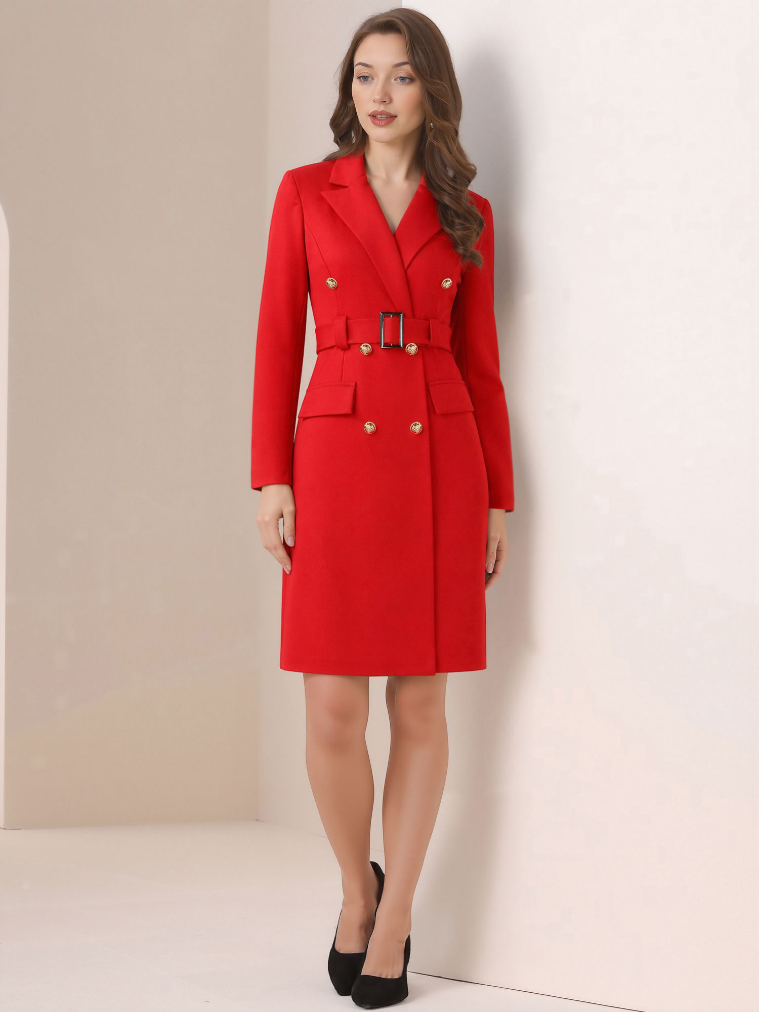 Notched Lapel Double-Breasted Belted Blazer Dress Red/XL