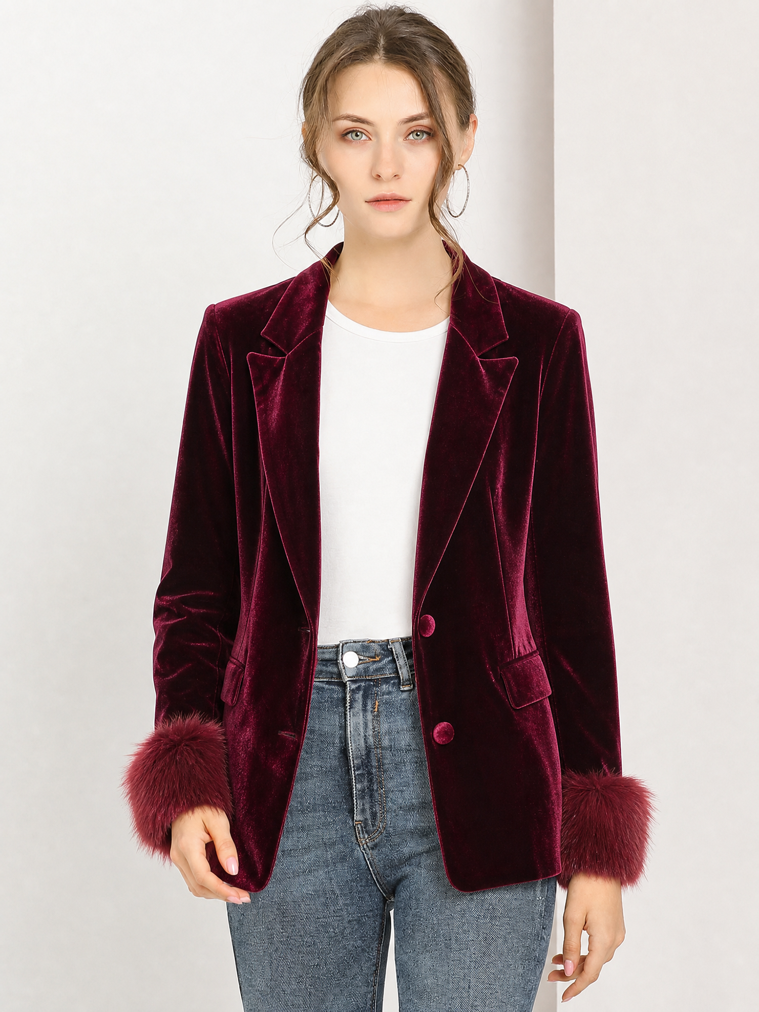 Velvet Notched Lapel Long Sleeves Faux Fur Cuff Blazer Burgundy/S