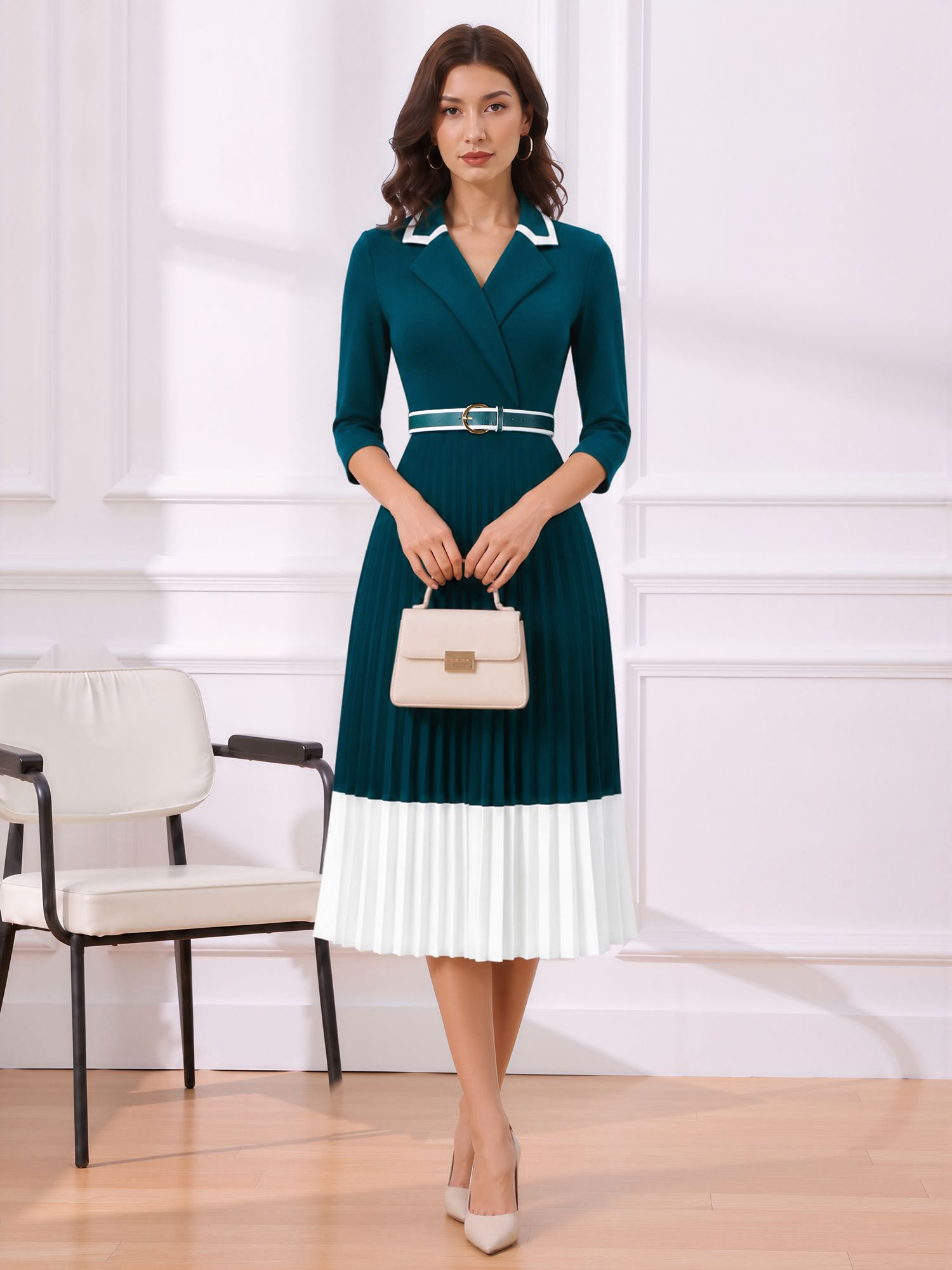 Notched Lapel Pleated Colorblock Belted Midi Dress Peacock Green/L