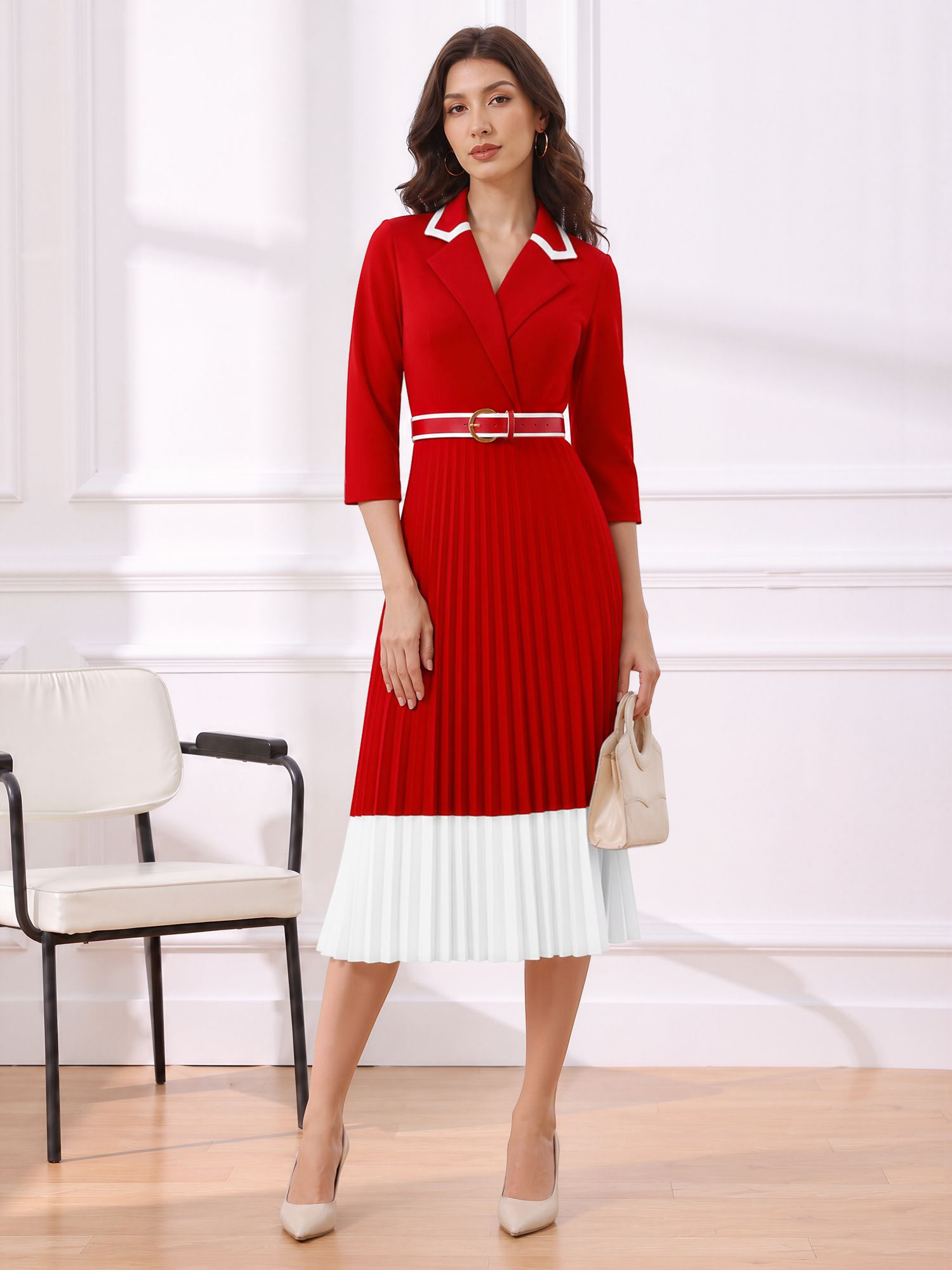 Notched Lapel Pleated Colorblock Belted Midi Dress Red/XS