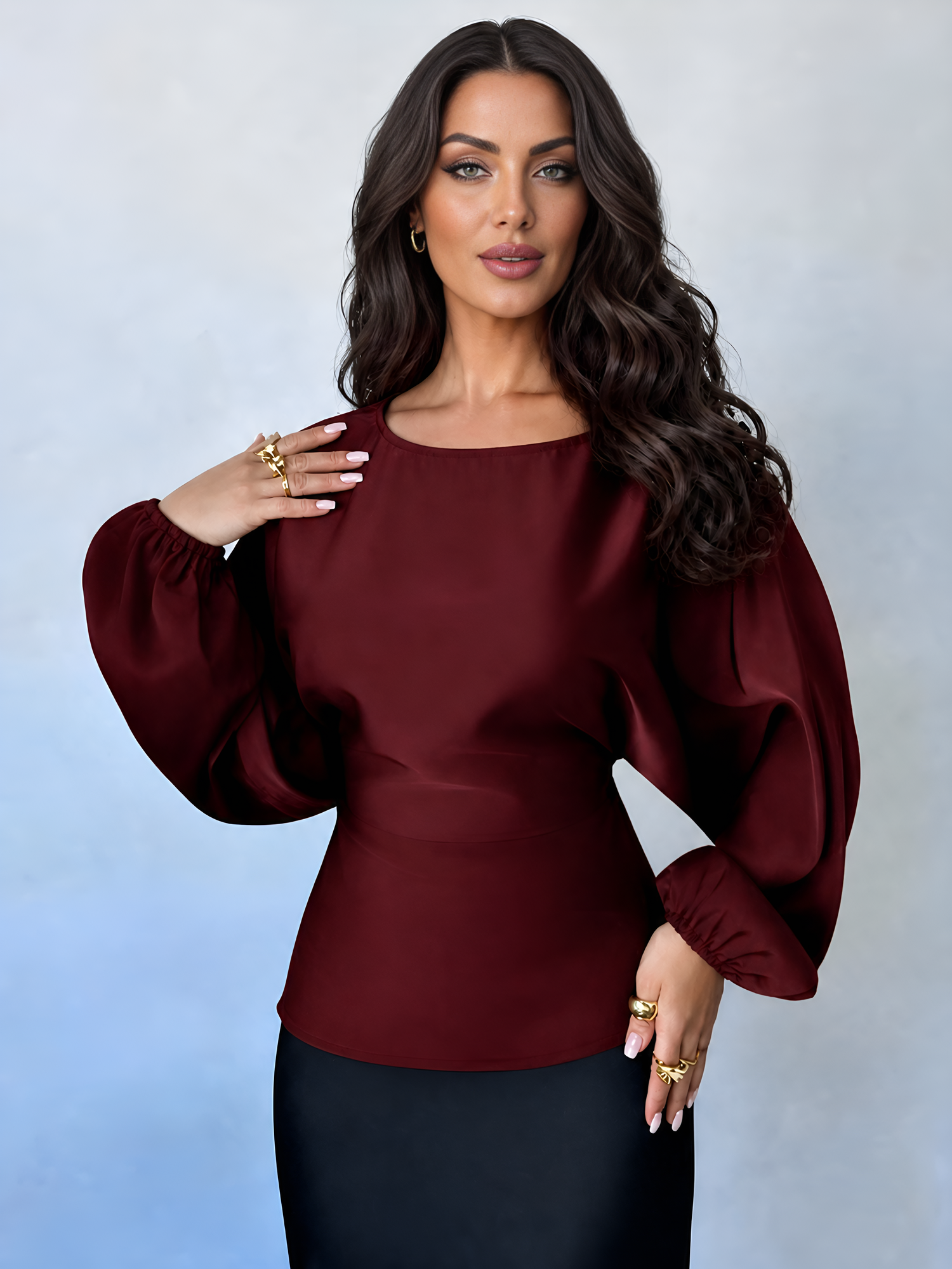 Satin Round Neck Batwing Long Sleeve Lace-Up Blouse Burgundy/XS