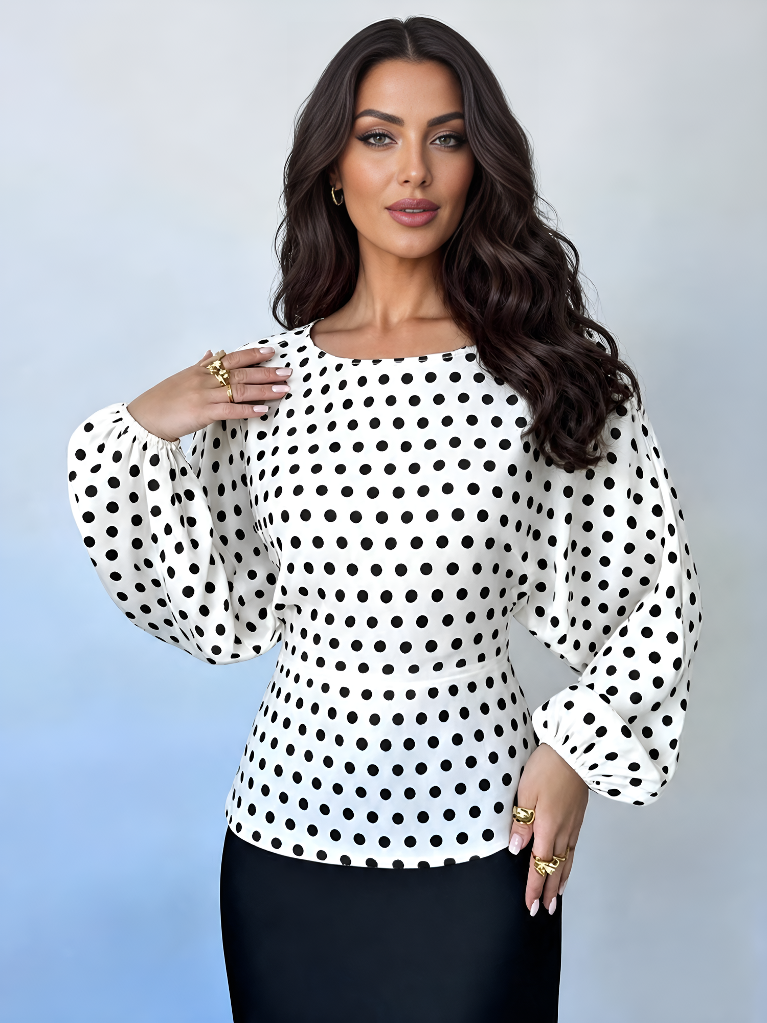 Satin Round Neck Batwing Long Sleeve Lace-Up Blouse White/L