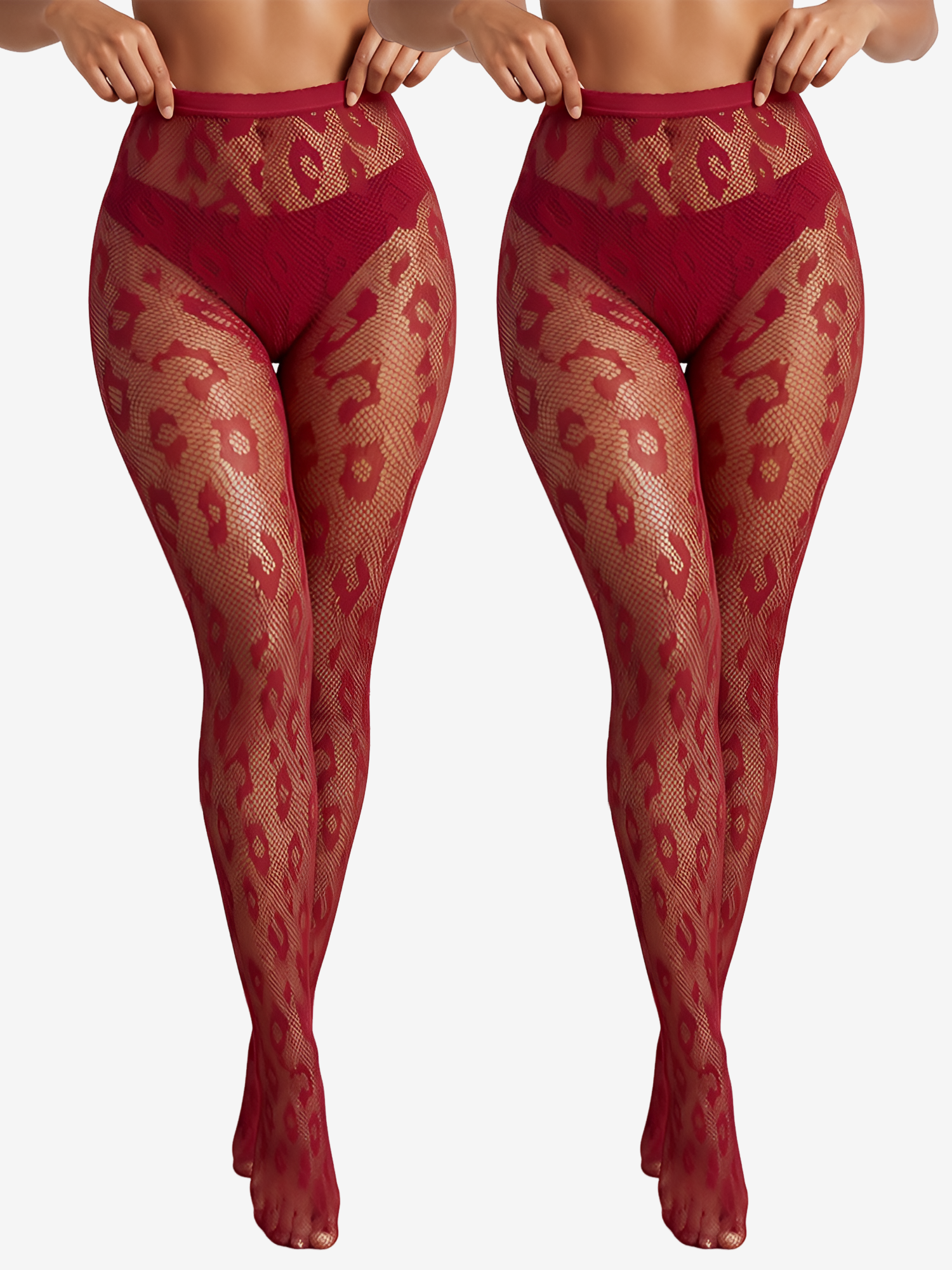 2 Pairs Sheer Halloween Leopard Fishnet Pantyhose Burgundy/M