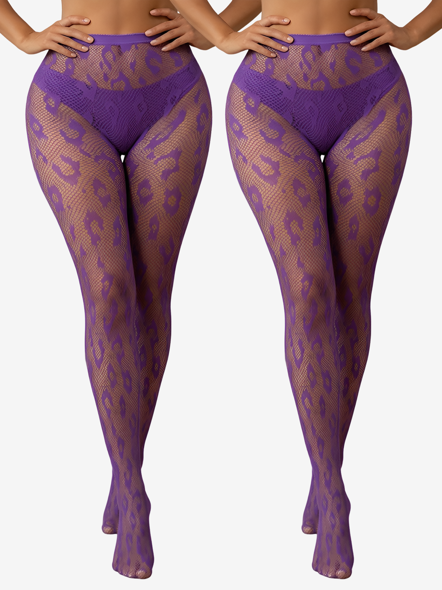 2 Pairs Sheer Halloween Leopard Fishnet Pantyhose Purple/M