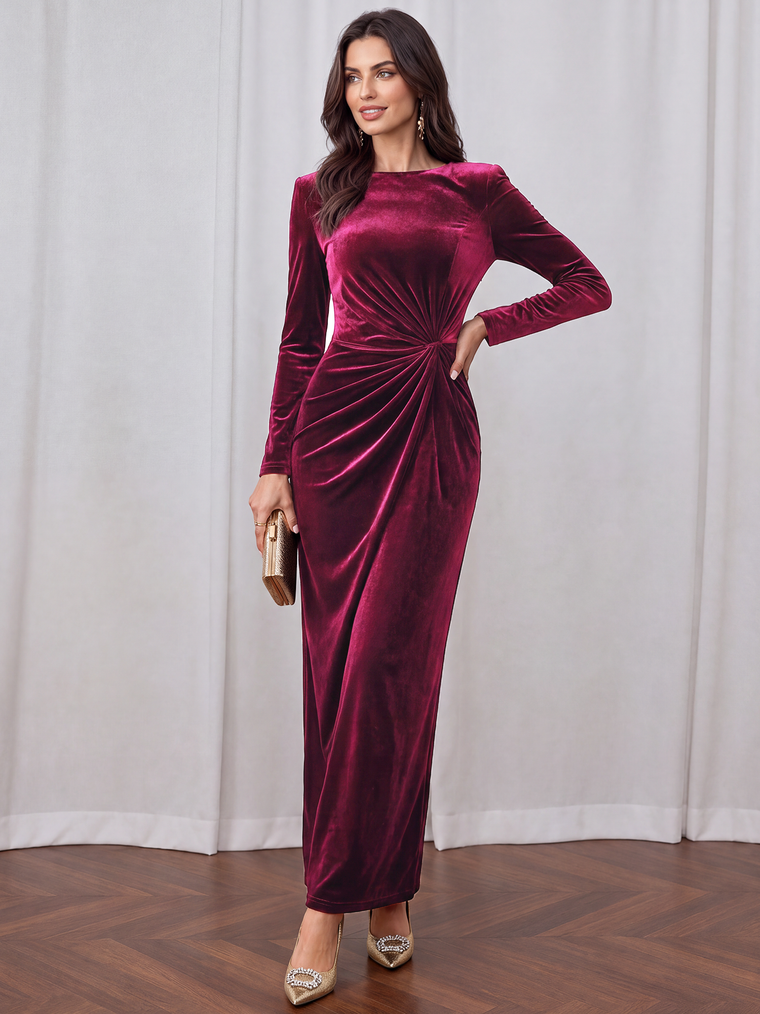 Velvet Long Sleeves Ruched Slit Bodycon Dress Burgundy/XL