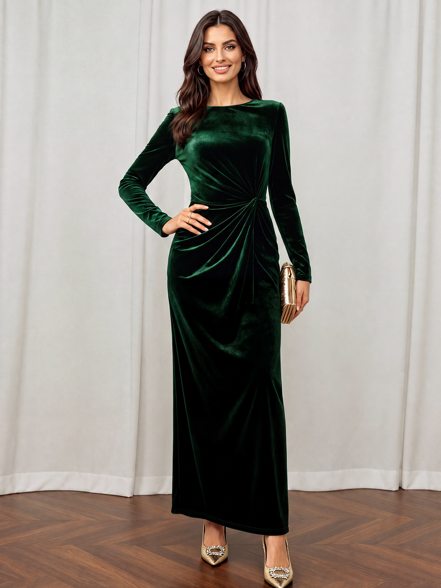Velvet Long Sleeves Ruched Slit Bodycon Dress Green/XL