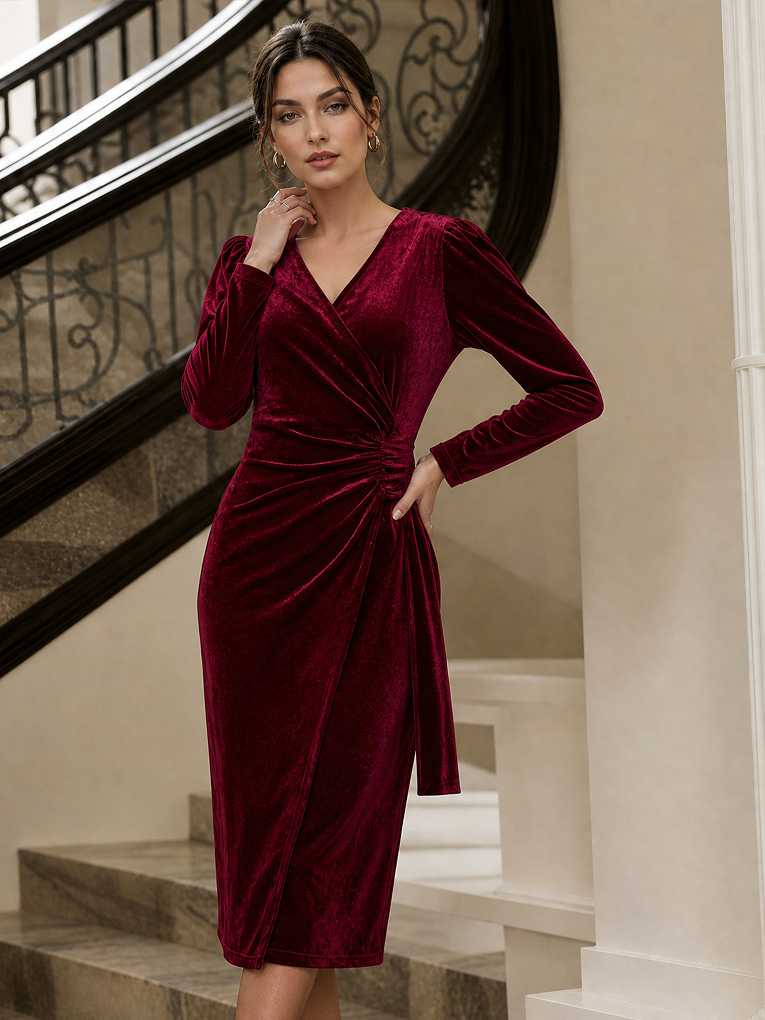 Velvet V Neck Puff Sleeves Ruched Midi Dress Burgundy/XL