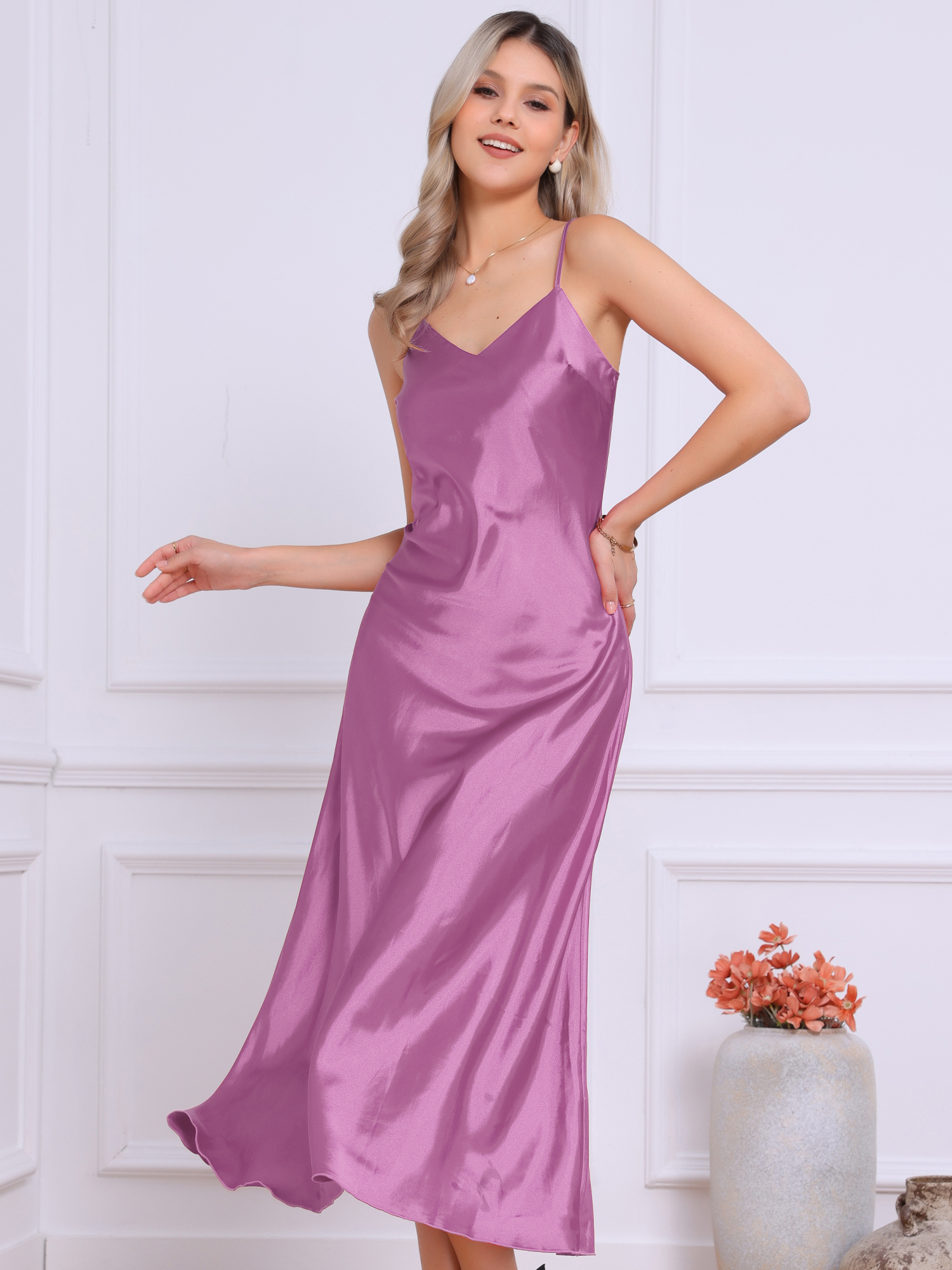 Satin Sleeveless Spaghetti Strap Maxi Dress Dusty Pink/XL