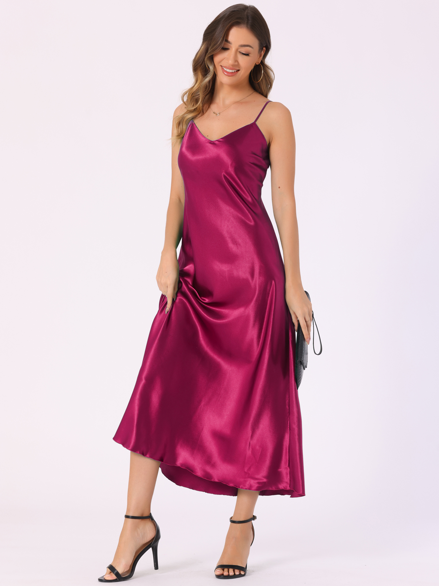 Satin Sleeveless Spaghetti Strap Maxi Dress Burgundy/L