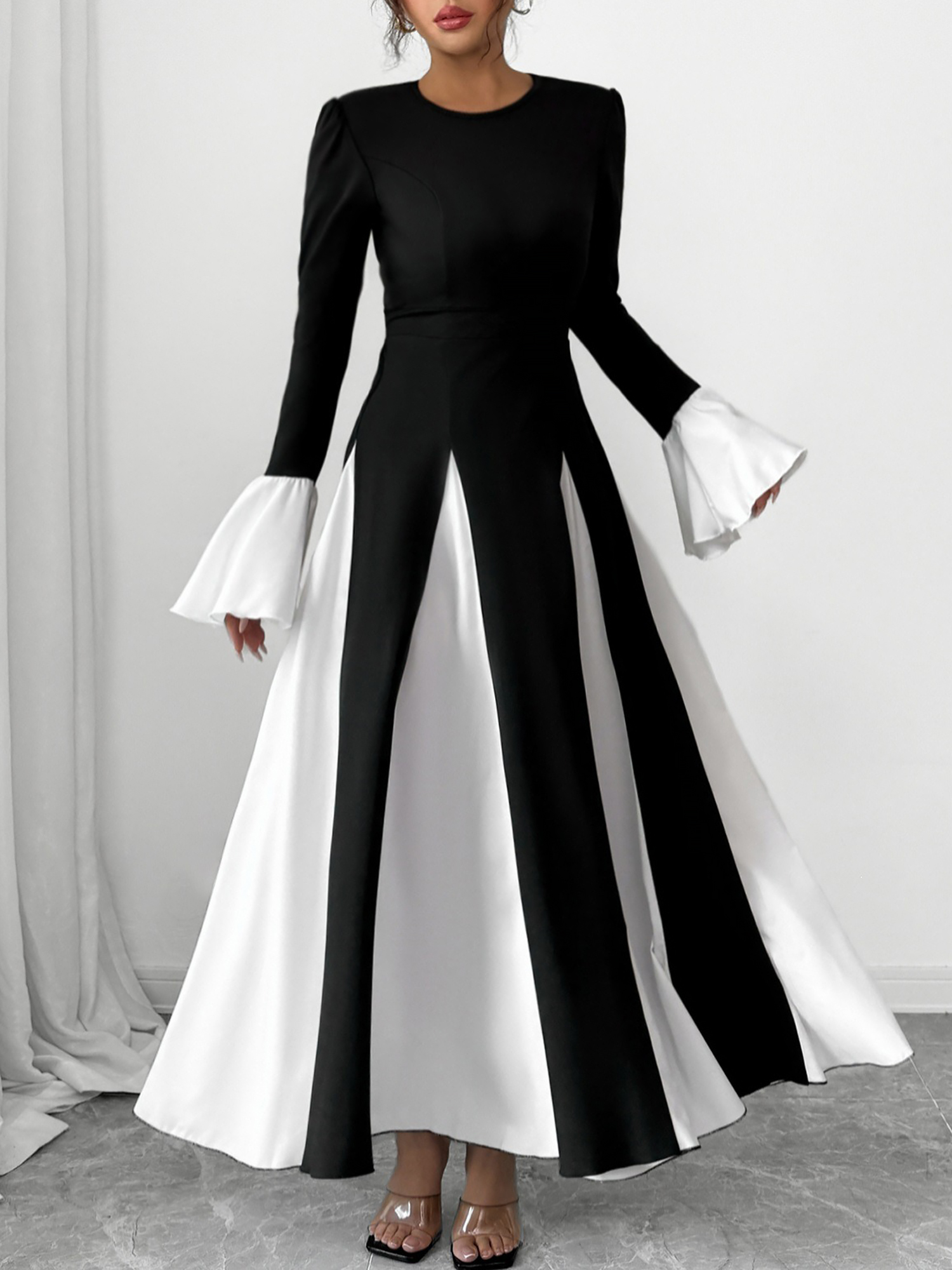 Colorblock Long Bell Sleeves A-Line Maxi Dress Black/XS