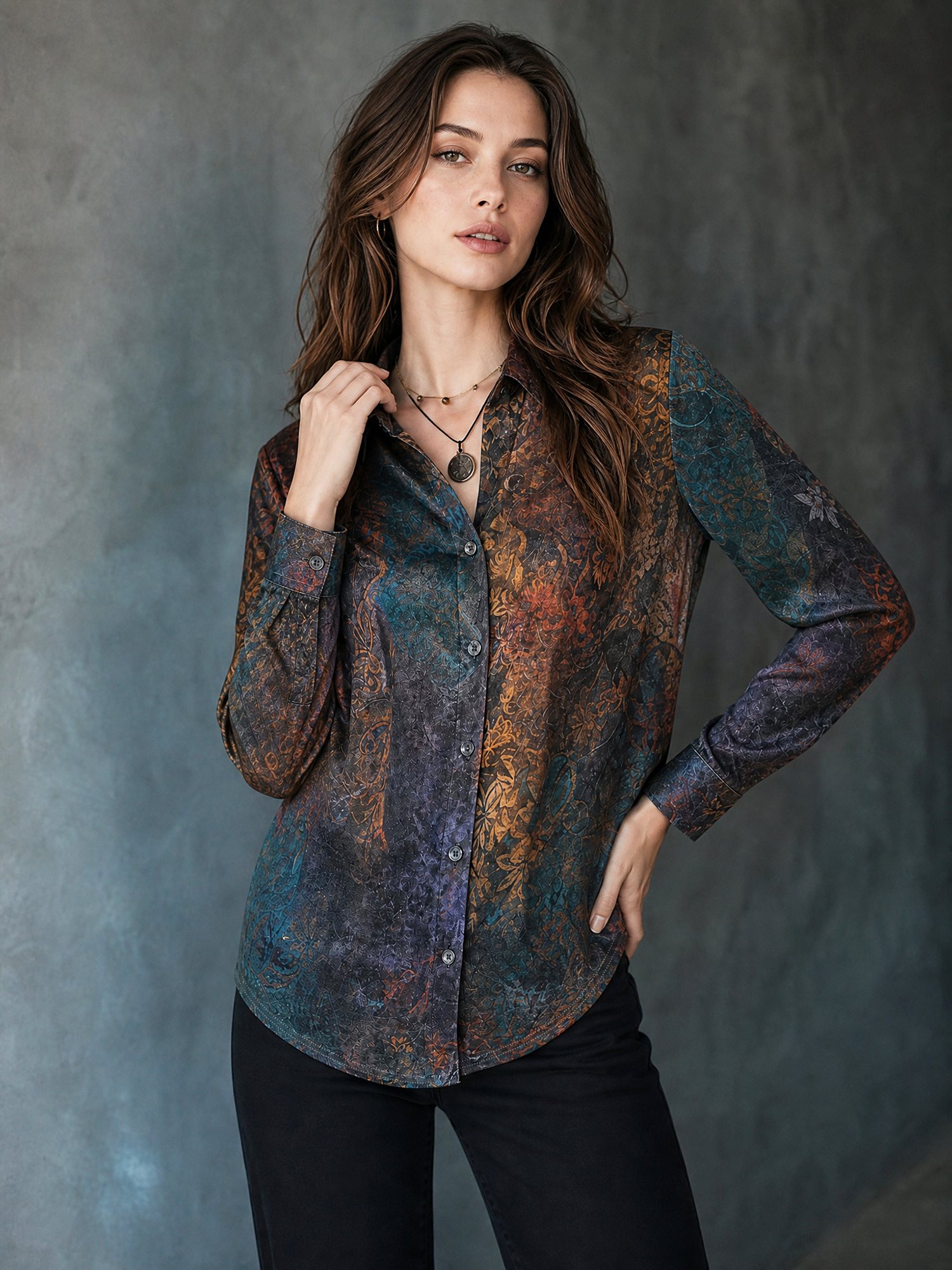 Floral Printed Velvet Long Sleeves Lapel Shirt Multicolour/S