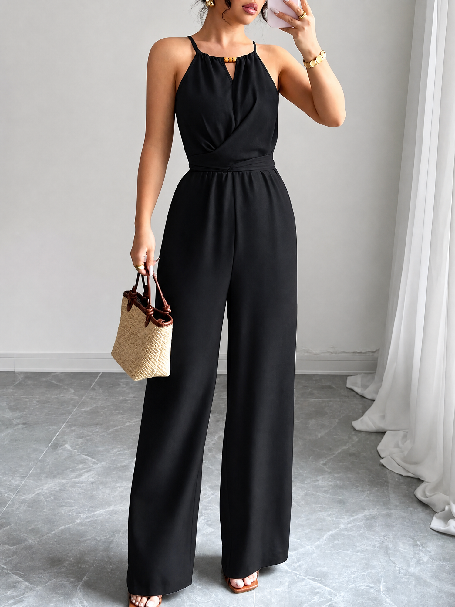 Sleeveless Criss Cross Lace-Up Wide Legs Jumpsuits Black/2XS