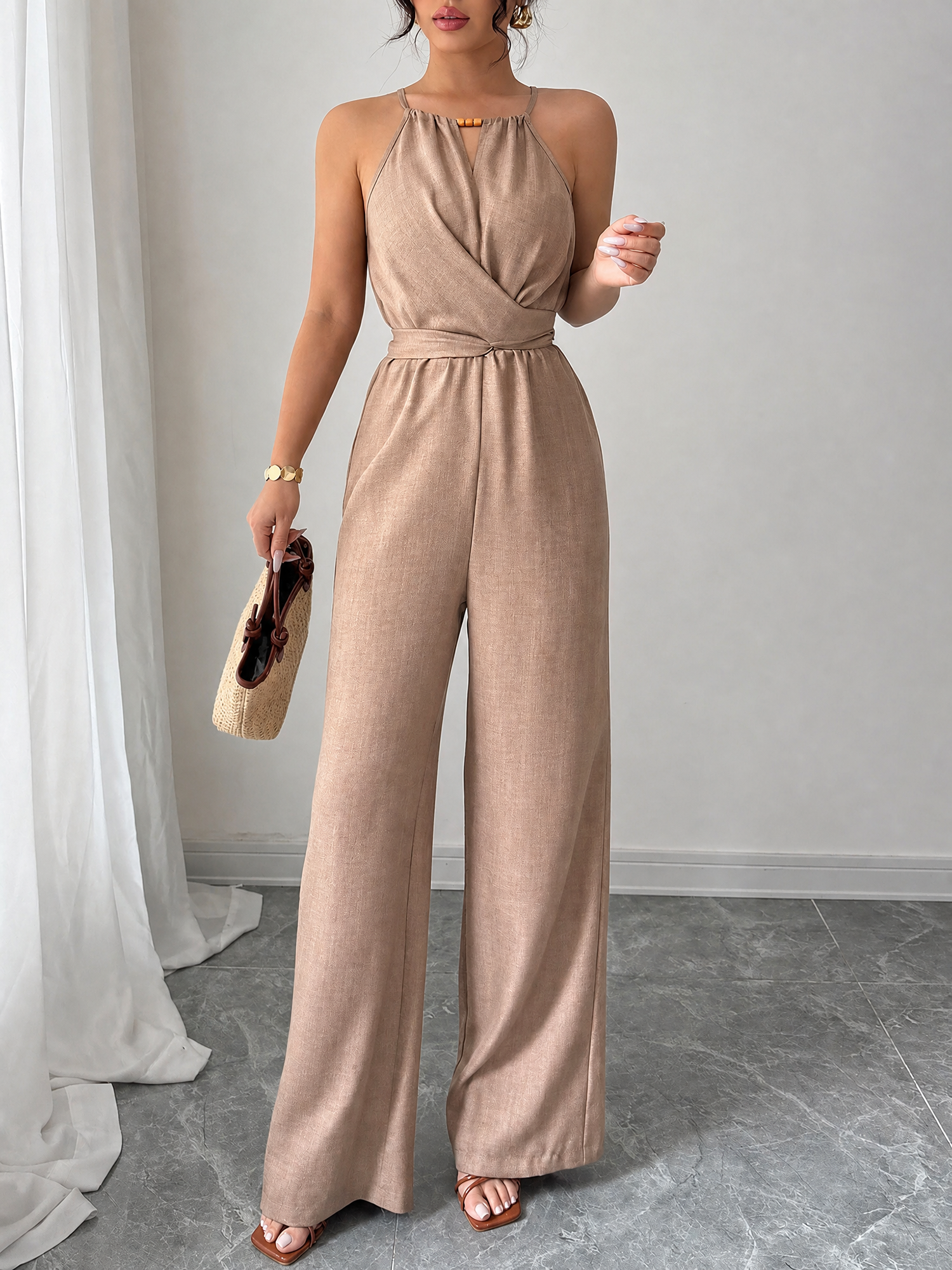 Sleeveless Criss Cross Lace-Up Wide Legs Jumpsuits Khaki/S