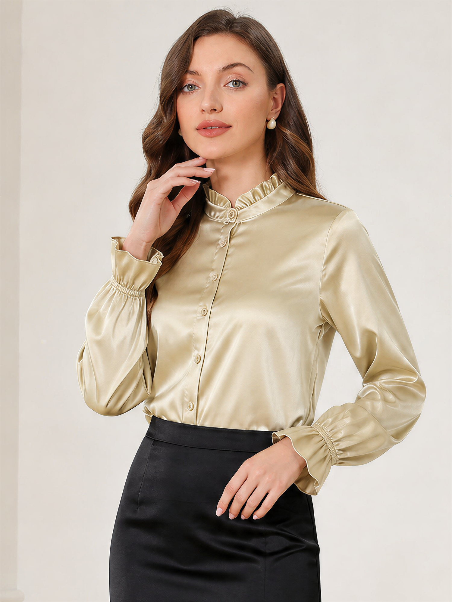 Office Work Satin Ruffled Long Sleeves Blouse Apricot/M