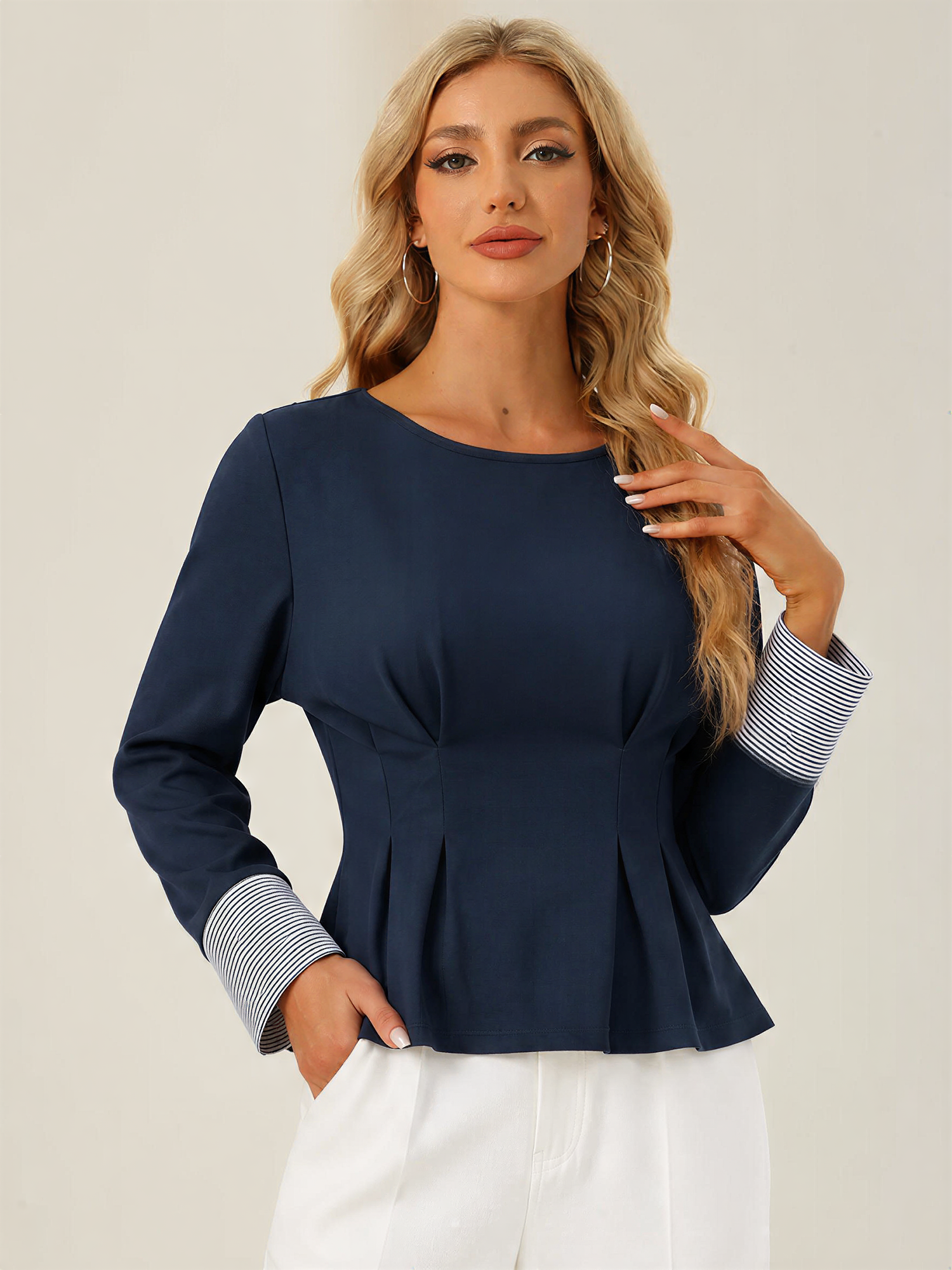 Striped Cuffed Long Sleeve Pleated Blouse Navy Blue/S
