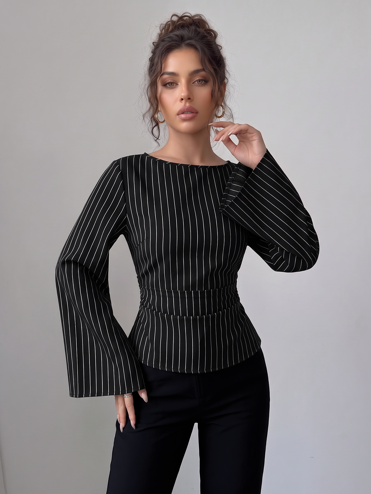 Boat Neck Bell Sleeves Striped Lace-Up Blouse Black/S