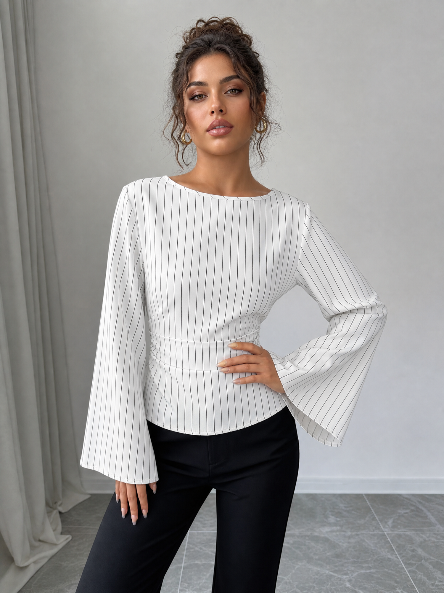 Boat Neck Bell Sleeves Striped Lace-Up Blouse White/XL