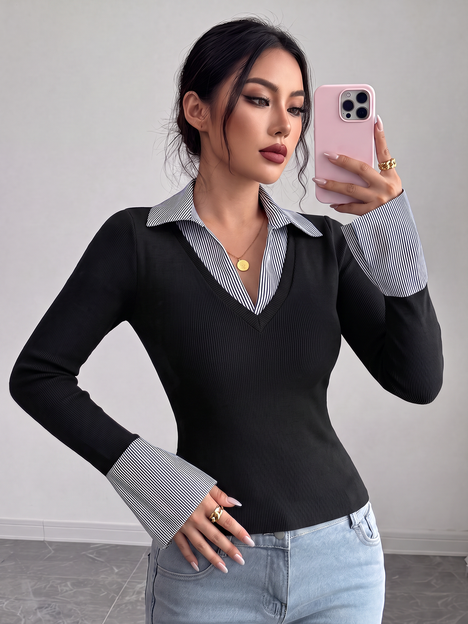 Fake Two-piece Striped Lapel V Neck Patchwork Blouse Black/S