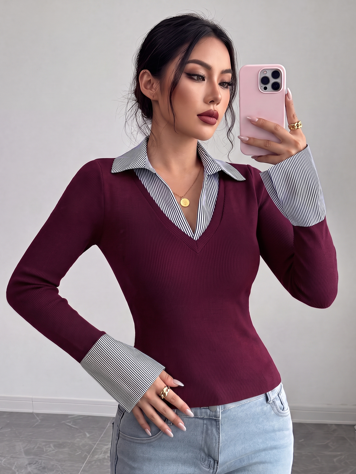 Fake Two-piece Striped Lapel V Neck Patchwork Blouse Burgundy/XL