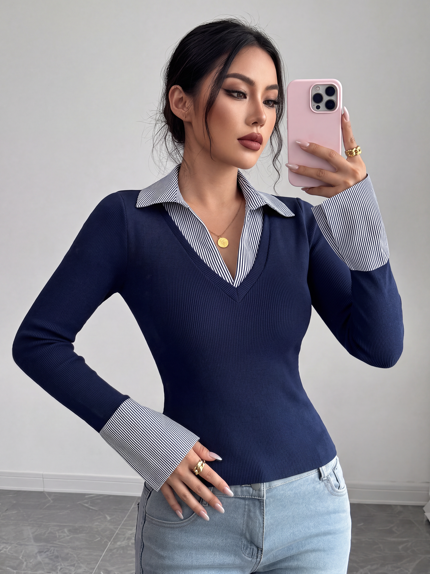 Fake Two-piece Striped Lapel V Neck Patchwork Blouse Navy Blue/XS