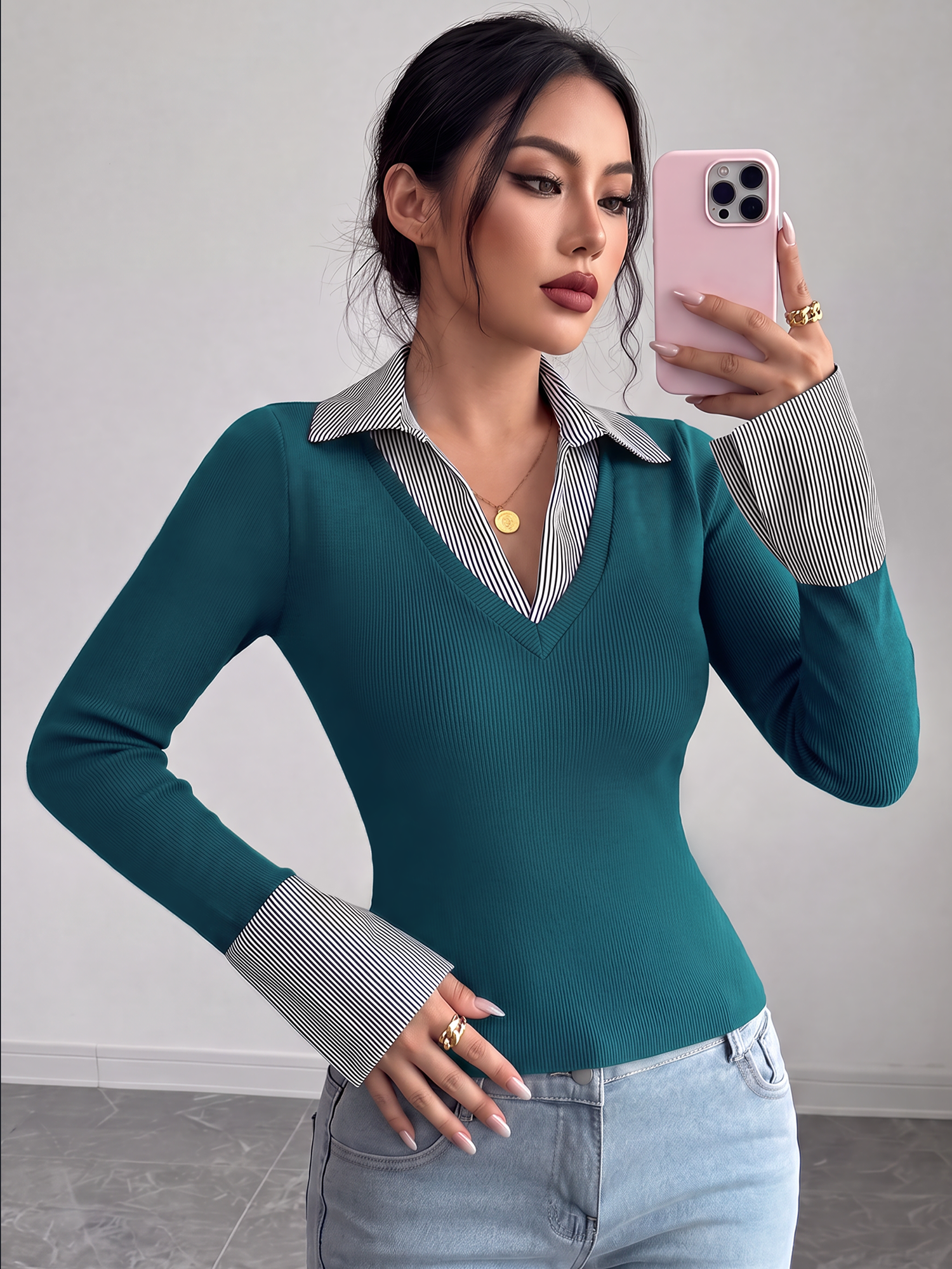 Fake Two-piece Striped Lapel V Neck Patchwork Blouse Peacock Blue/XL
