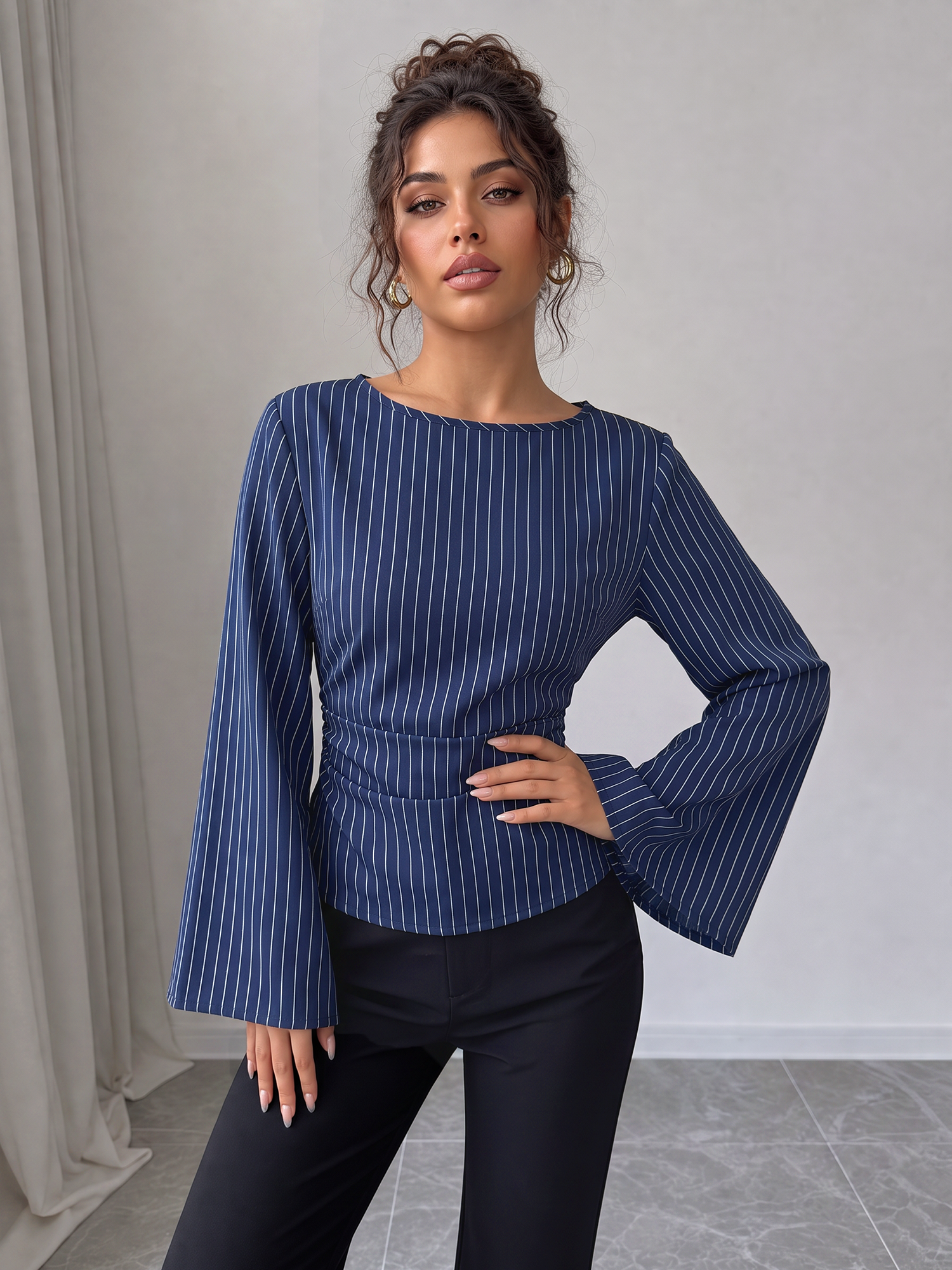 Boat Neck Bell Sleeves Striped Lace-Up Blouse Dark Blue/S