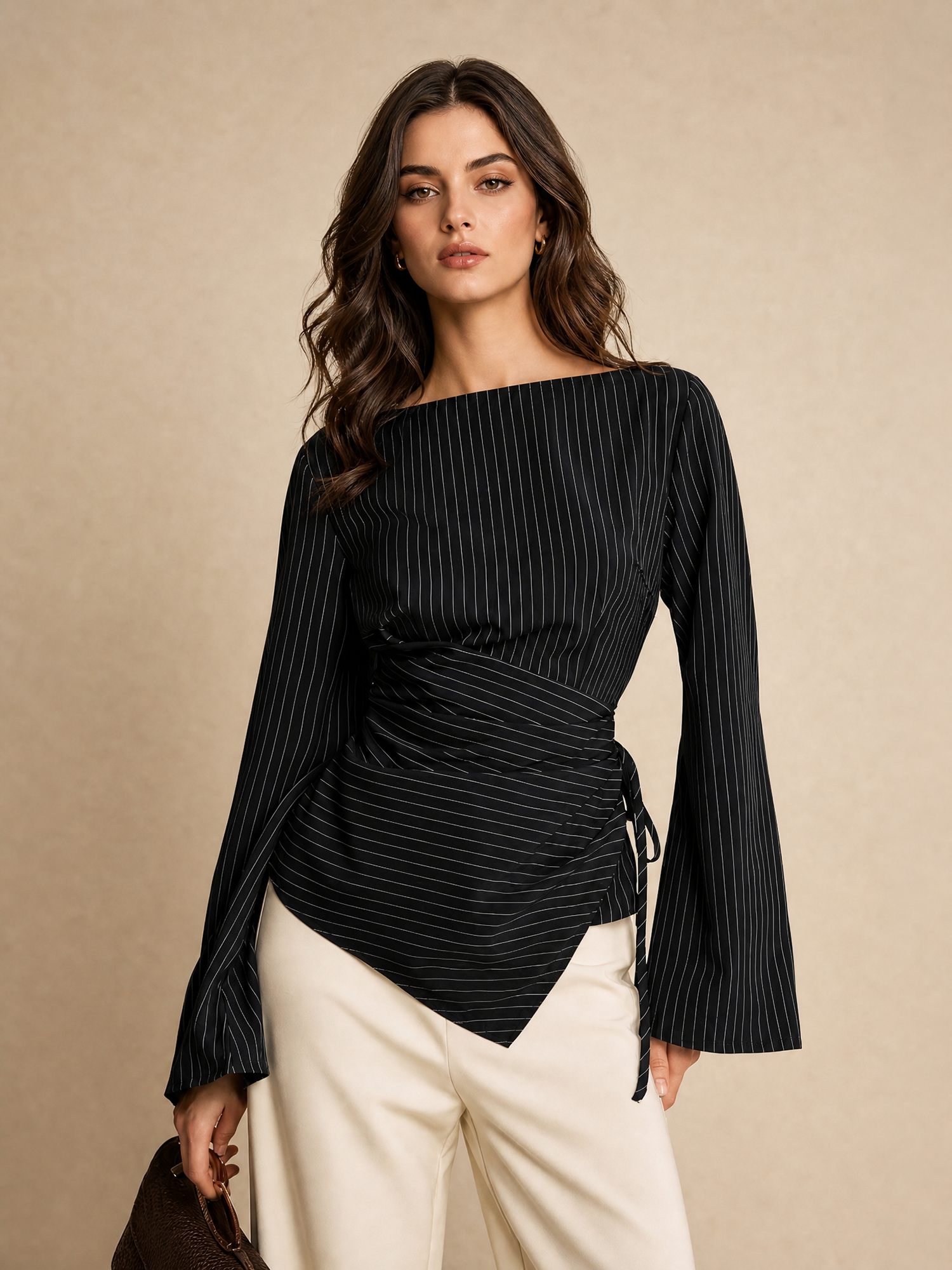 Round Neck Lace-Up Striped Irregular Waist Long Sleeve Blouse Black/M
