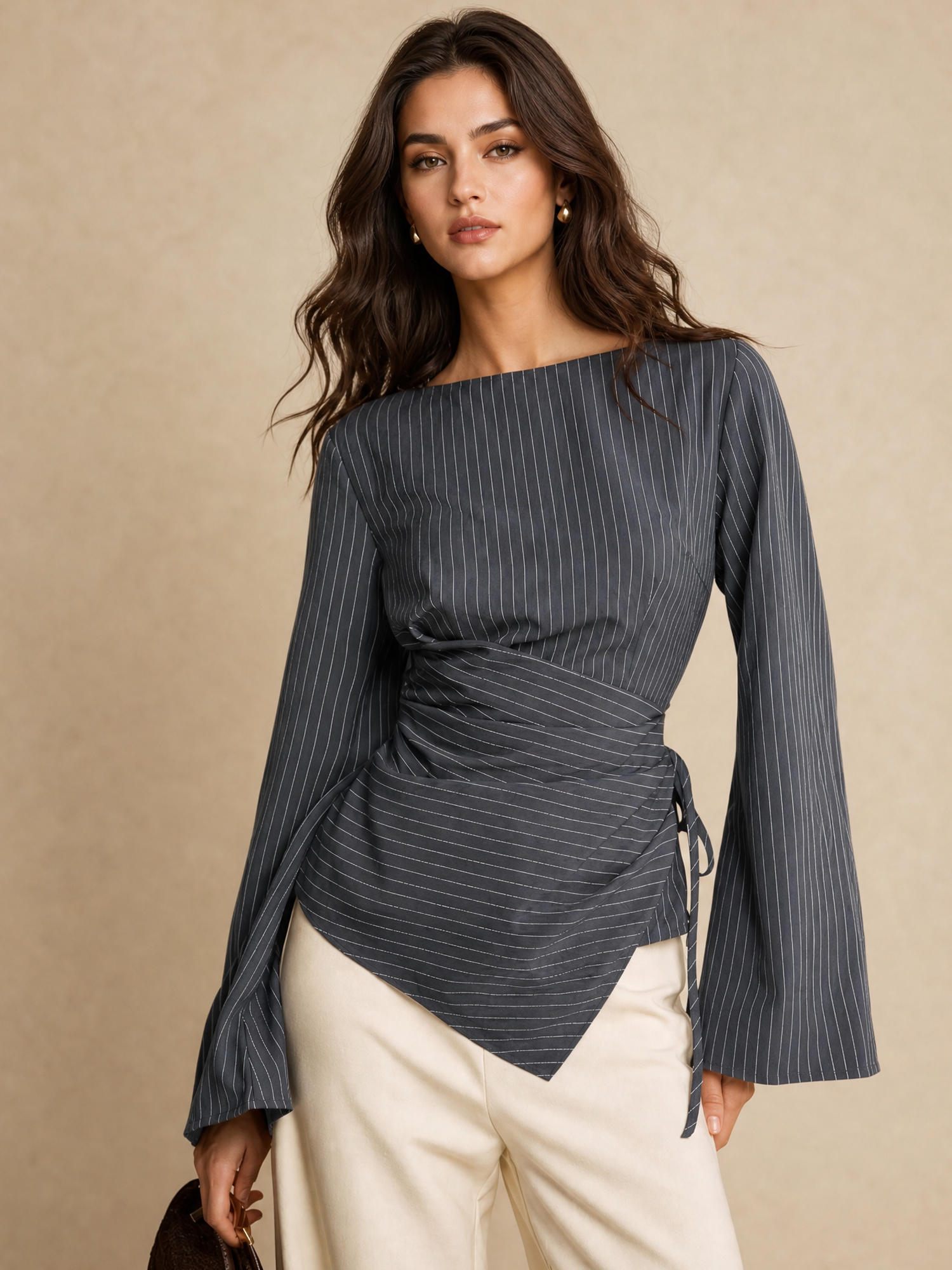 Round Neck Lace-Up Striped Irregular Waist Long Sleeve Blouse Gray/S