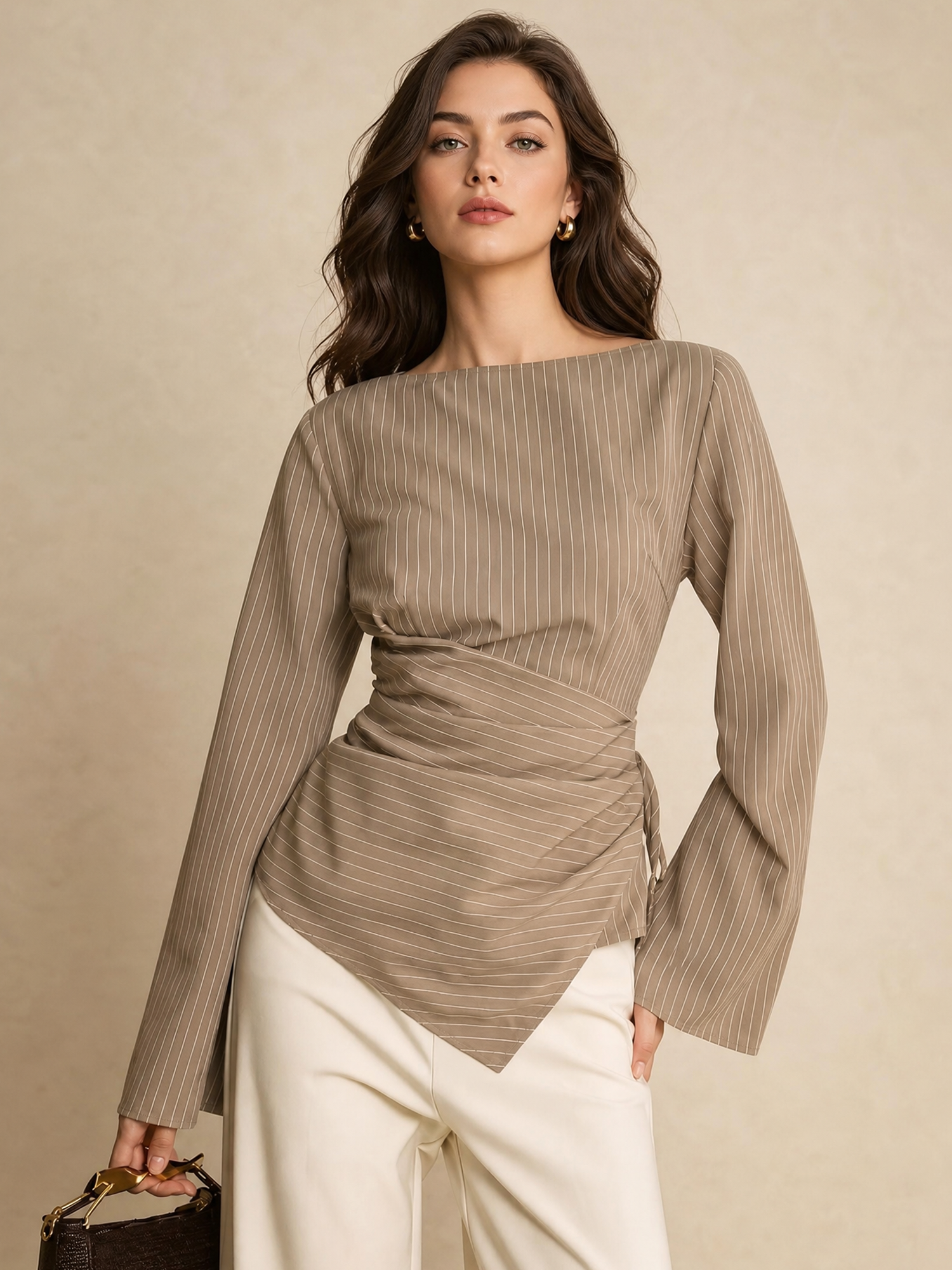 Round Neck Lace-Up Striped Irregular Waist Long Sleeve Blouse Khaki/XS