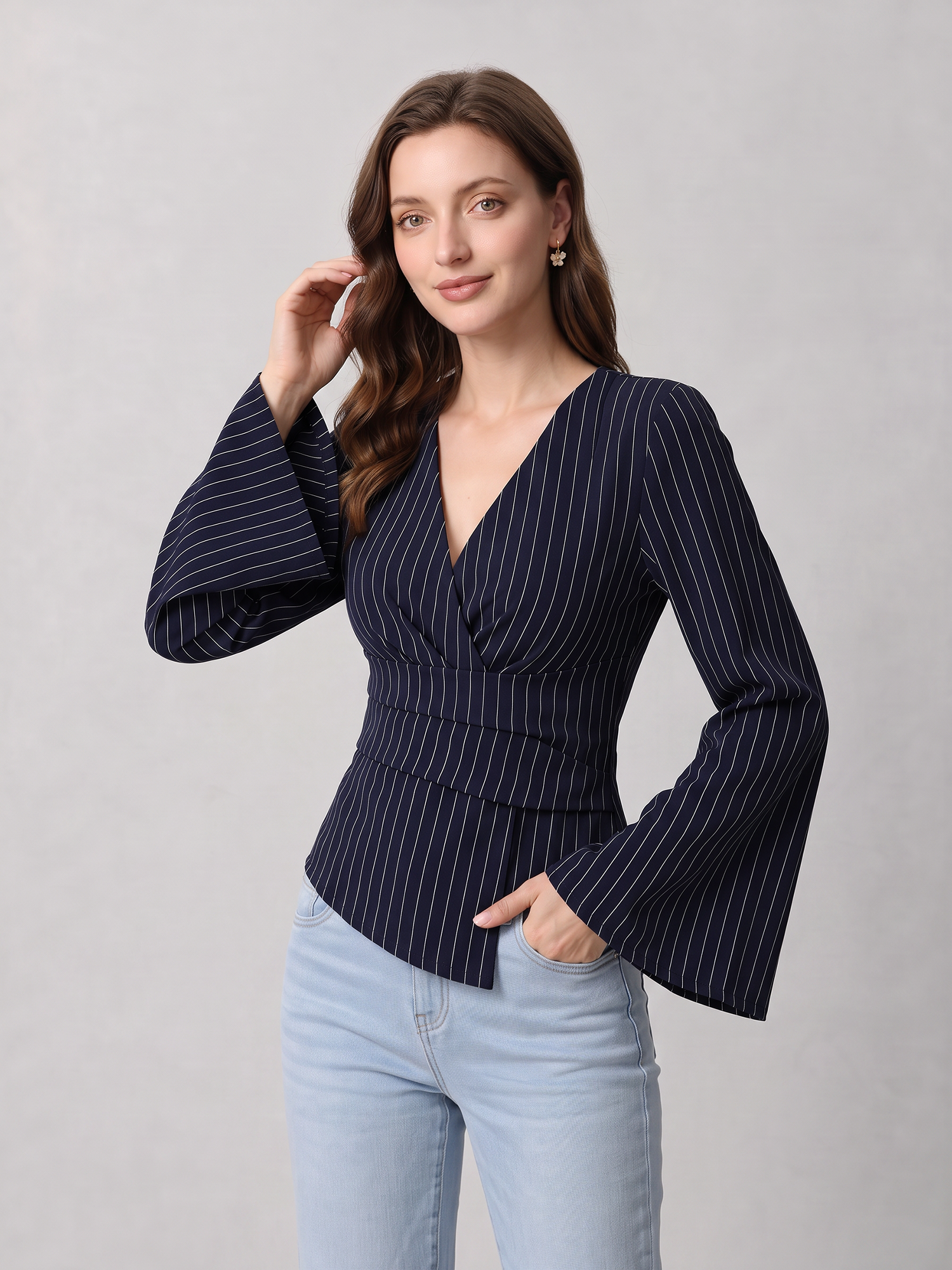 Striped Long Bell Sleeves Cinched Waist Blouse Navy Blue/M
